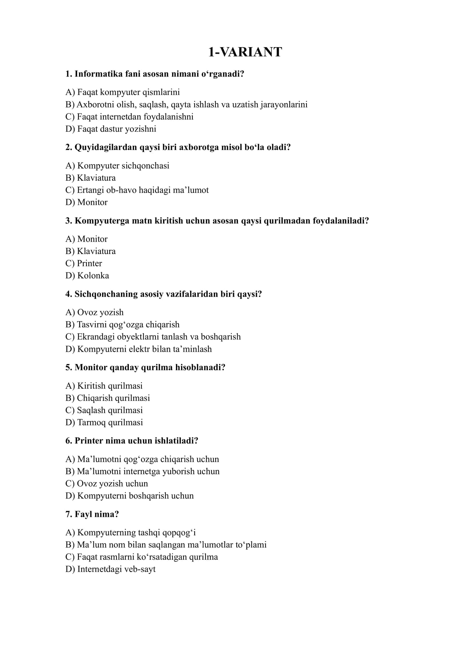 5-sinf Informatika — 100 ta Test | O‘qituvchilar uchun 2