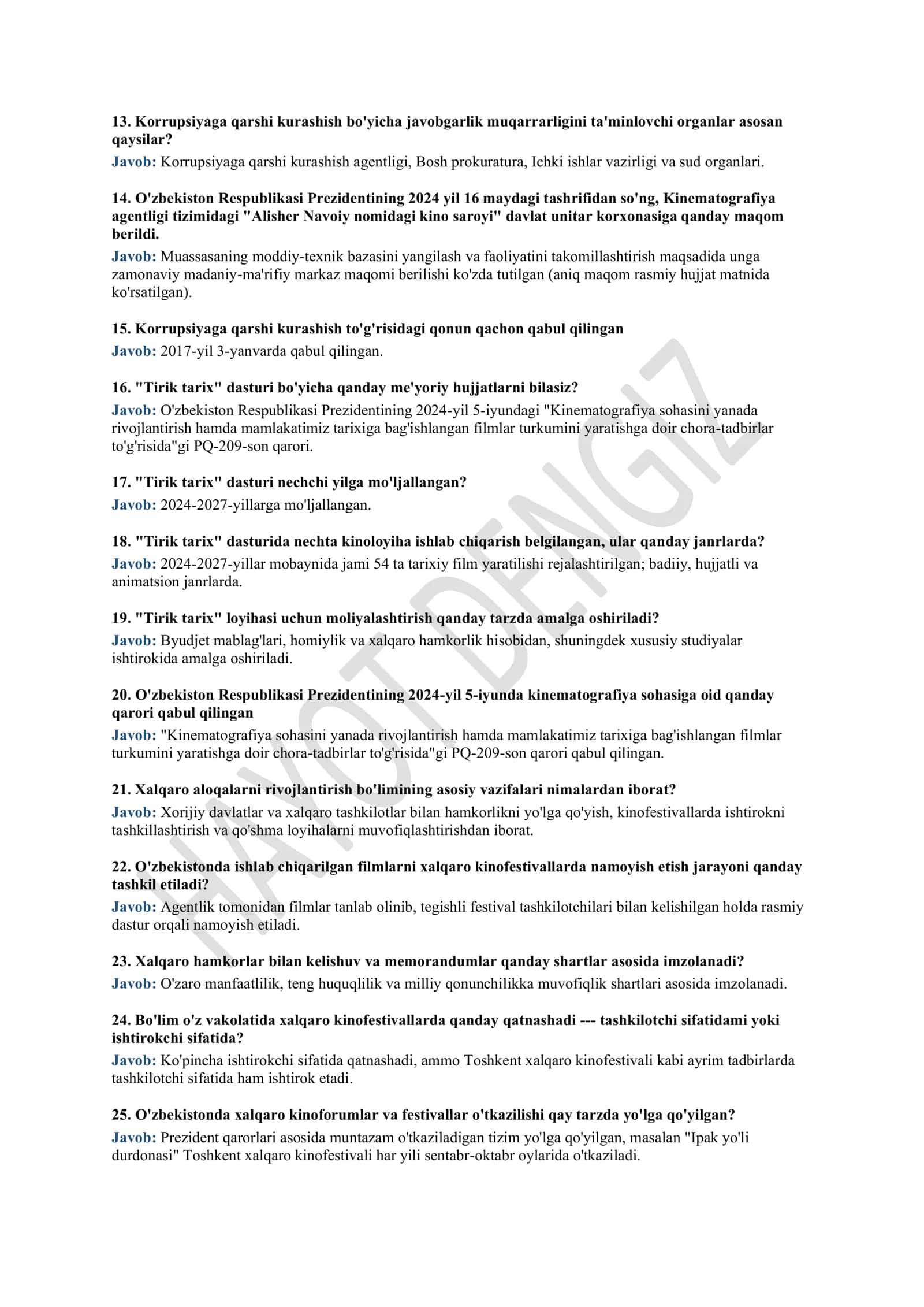 "ARGOS" suhbat savollari 2026 — O'zbekiston Respublikasi Madaniyat vazirligi huzuridagi Kinematografiya agentligi (101 savol-javob) 3