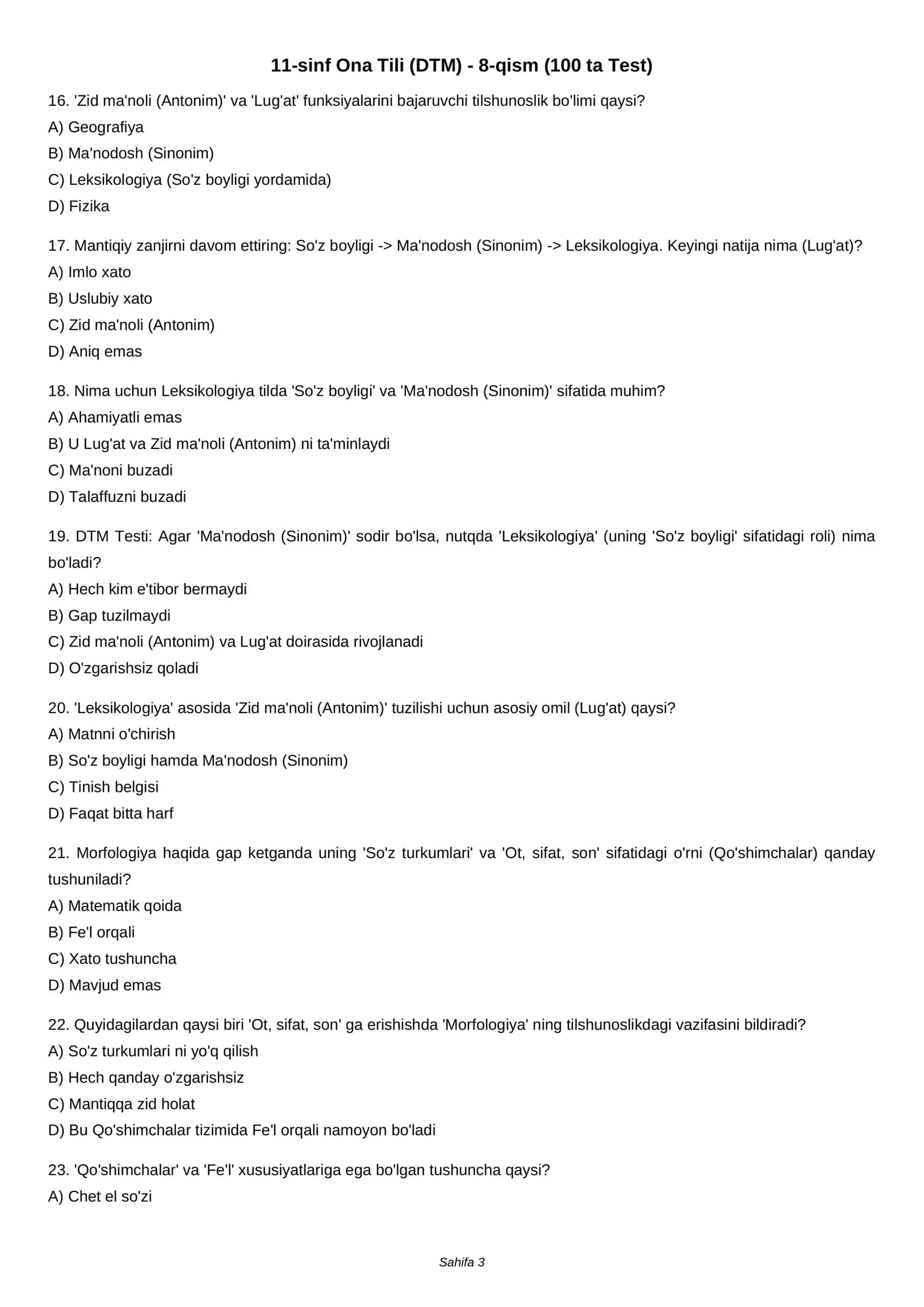 11-sinf Ona Tili (DTM) - 8-qism (100 ta Test) 3