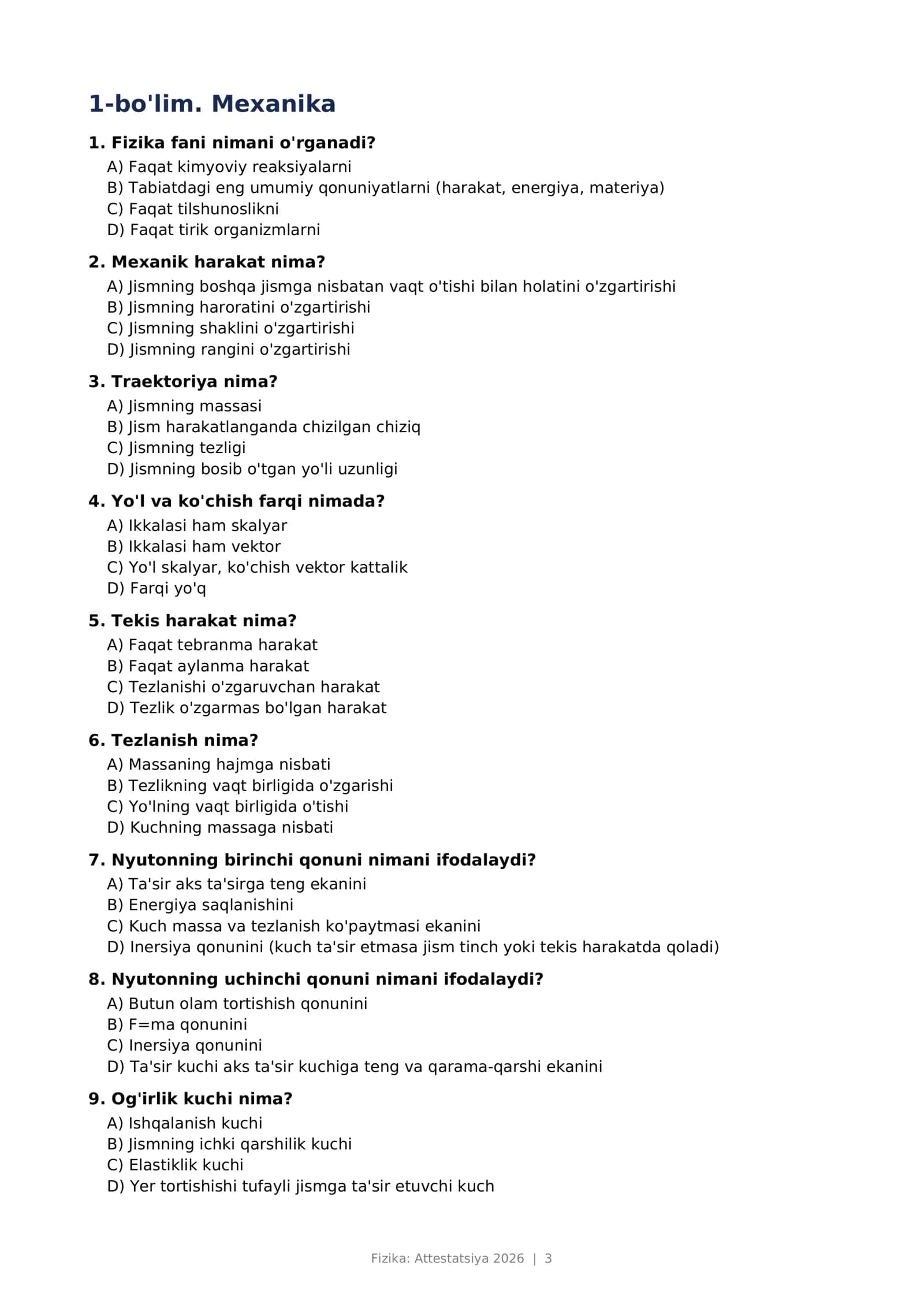 Fizika: Attestatsiya 2026 — 400 ta test tayyor, 56 bet. 3