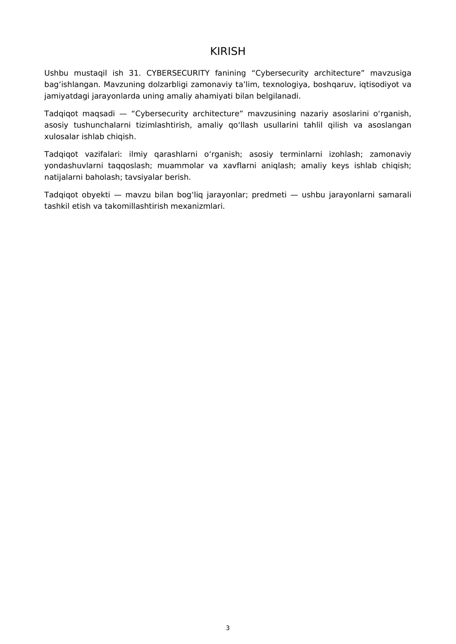 OLIY TA’LIM MUASSASASI - 31. CYBERSECURITY MUSTAQIL ISH 3
