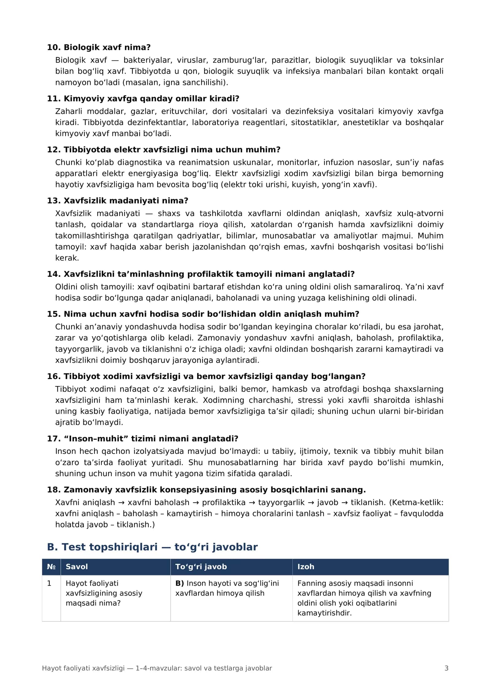 Hayot faoliyati xavfsizligi — 1–4-mavzular: savol va testlarga javoblar 3