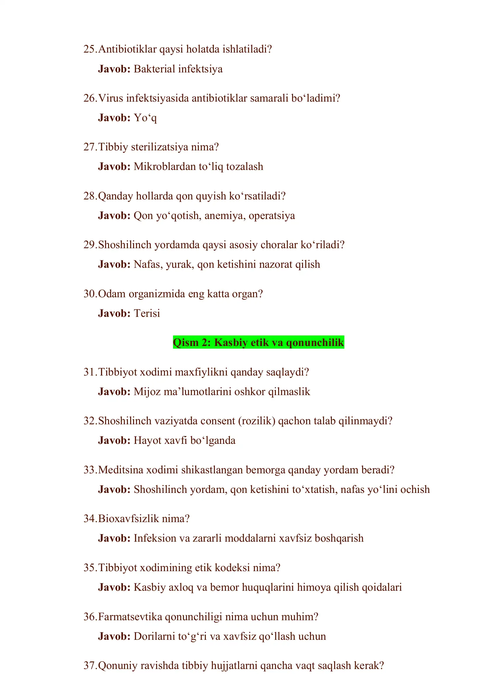 TIBBIYOT XODIMLARI MALAKA TESTI 3