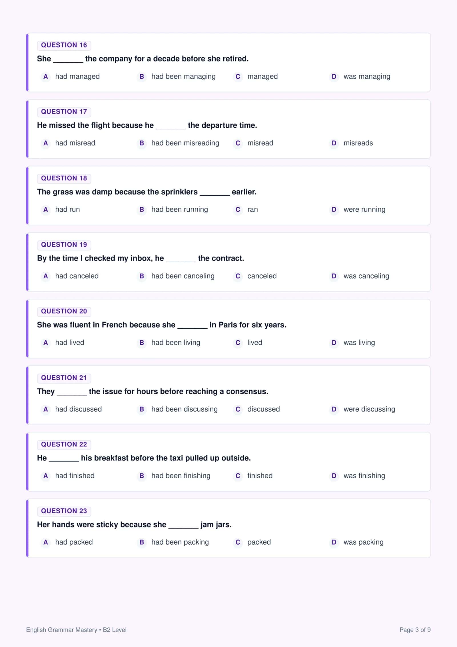 Past Perfect Simple & Past Perfect Continuous (B2 Level) — 50 Ta Test 3