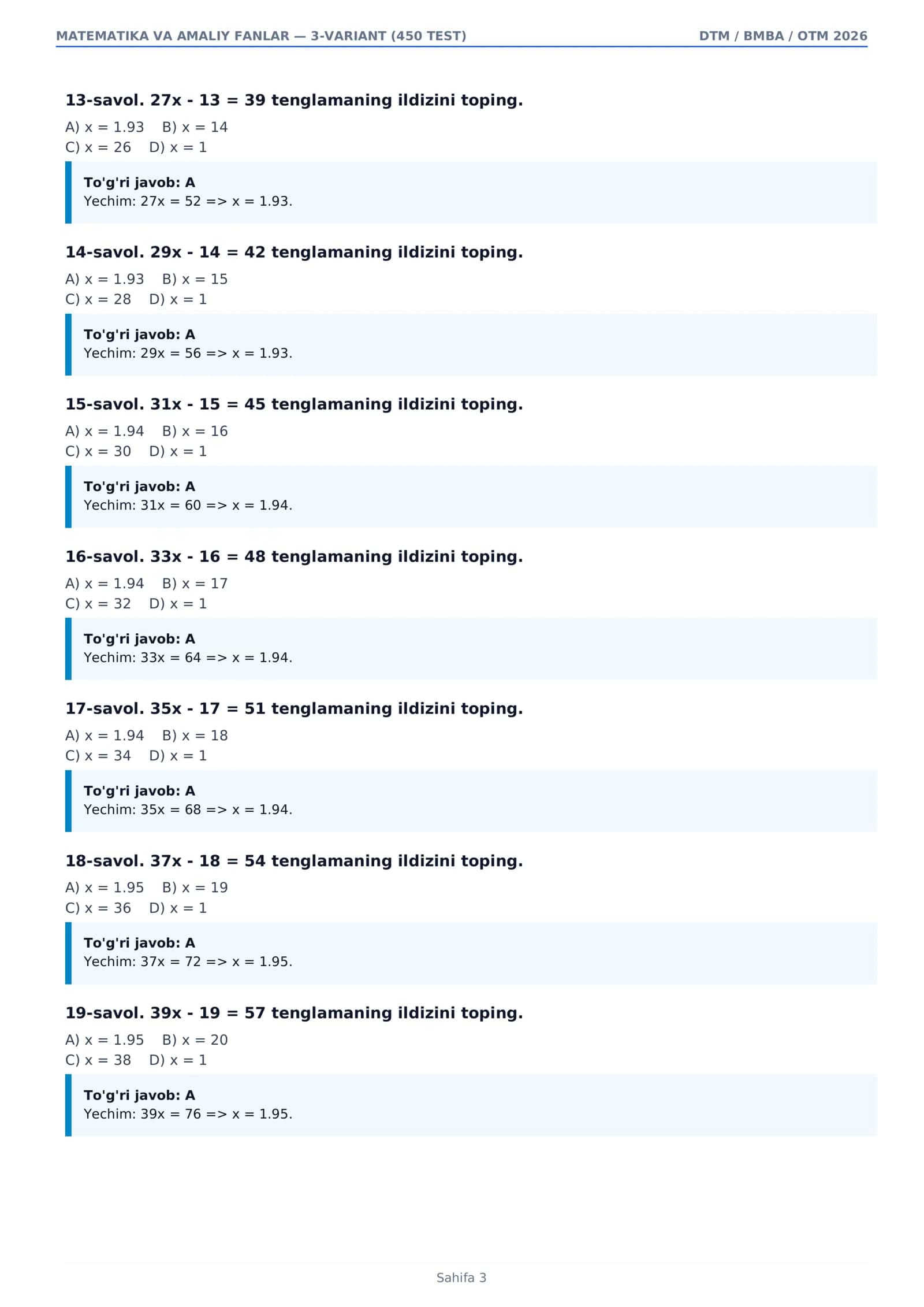 MATEMATIKA VA AMALIY FANLAR — 3-VARIANT (450 TEST) 3