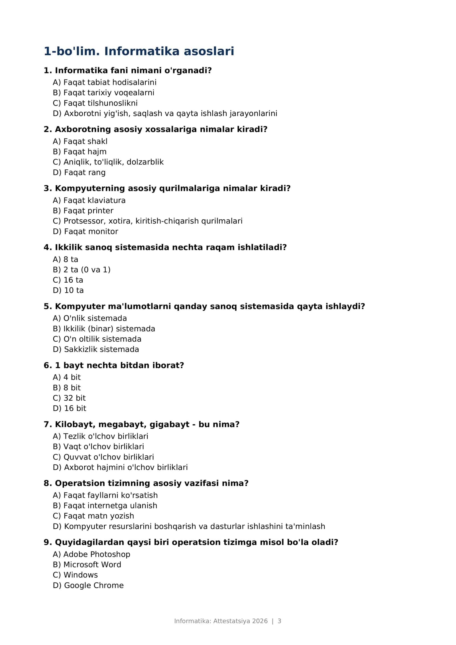 Informatika Attestatsiya 2026 test 400 ta 3