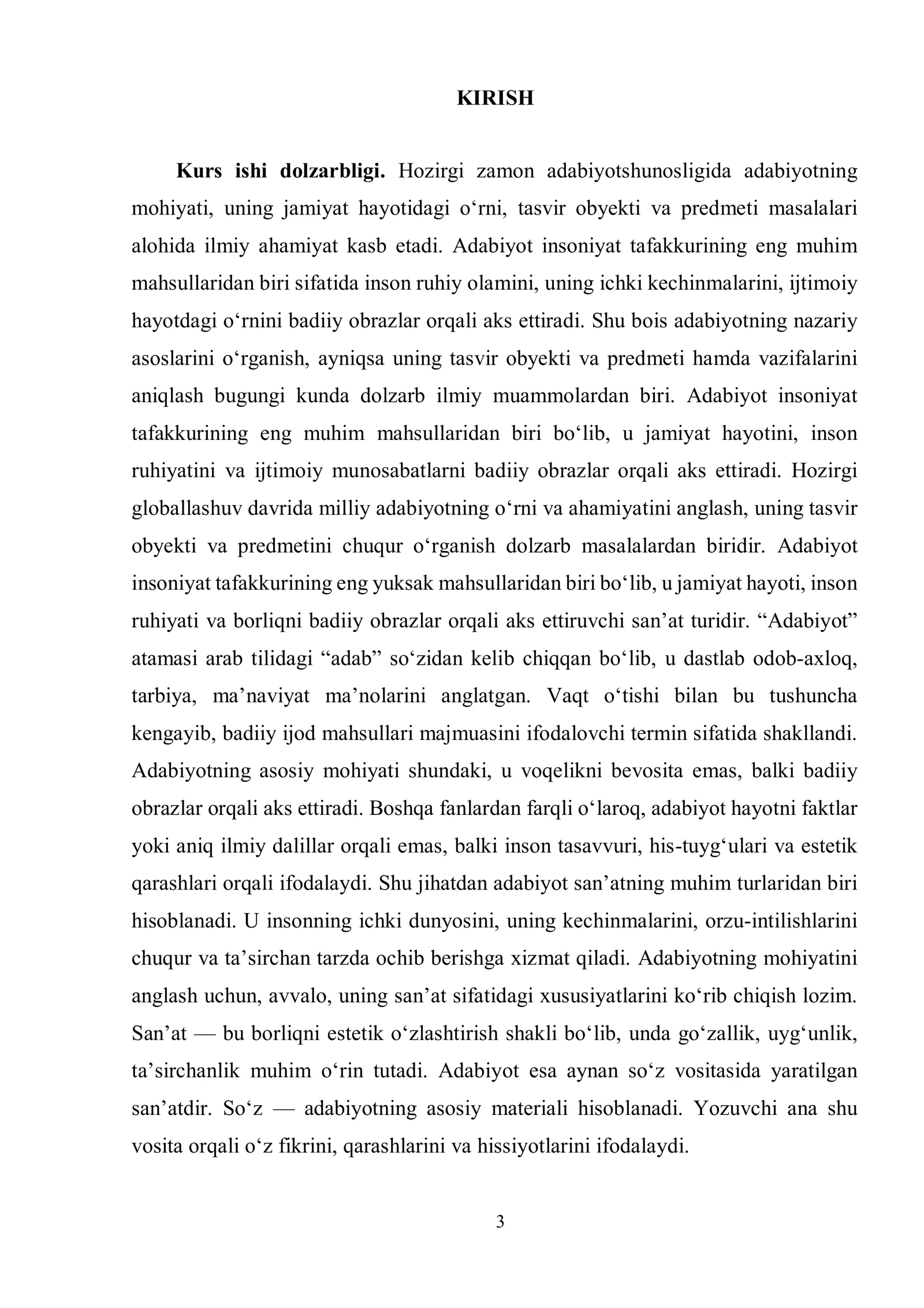 Adabiyotning tasvir obyekti, predmeti va vazifasi KURS ISHI 3