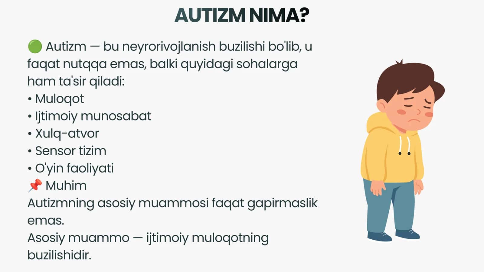 Autizm spektr buzilishi (ASB) va oddiy nutq kechikishi o'rtasidagi asosiy farqlarni tushuntirish 3