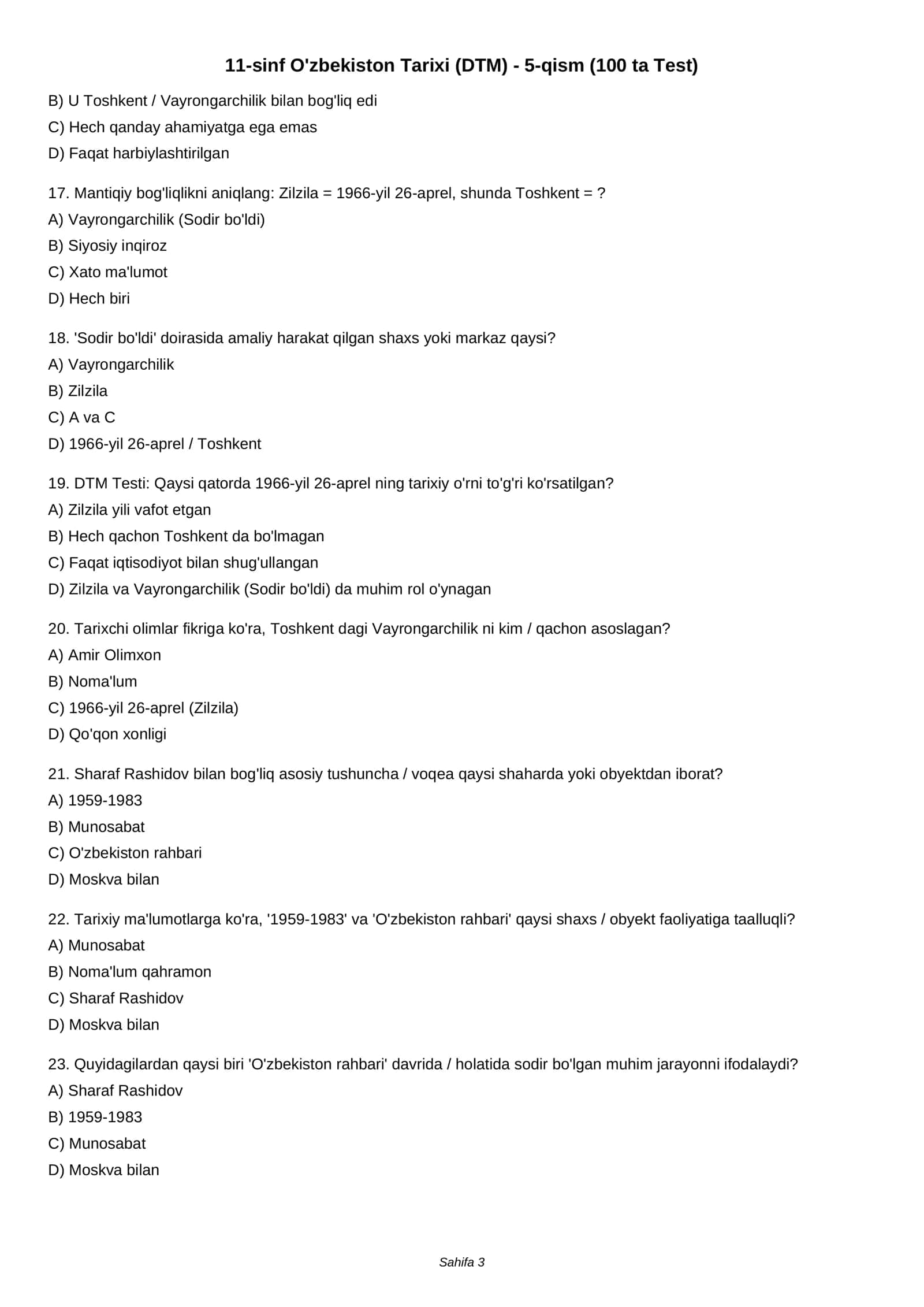 11-sinf O'zbekiston Tarixi (DTM) - 5-qism (100 ta Test) 3