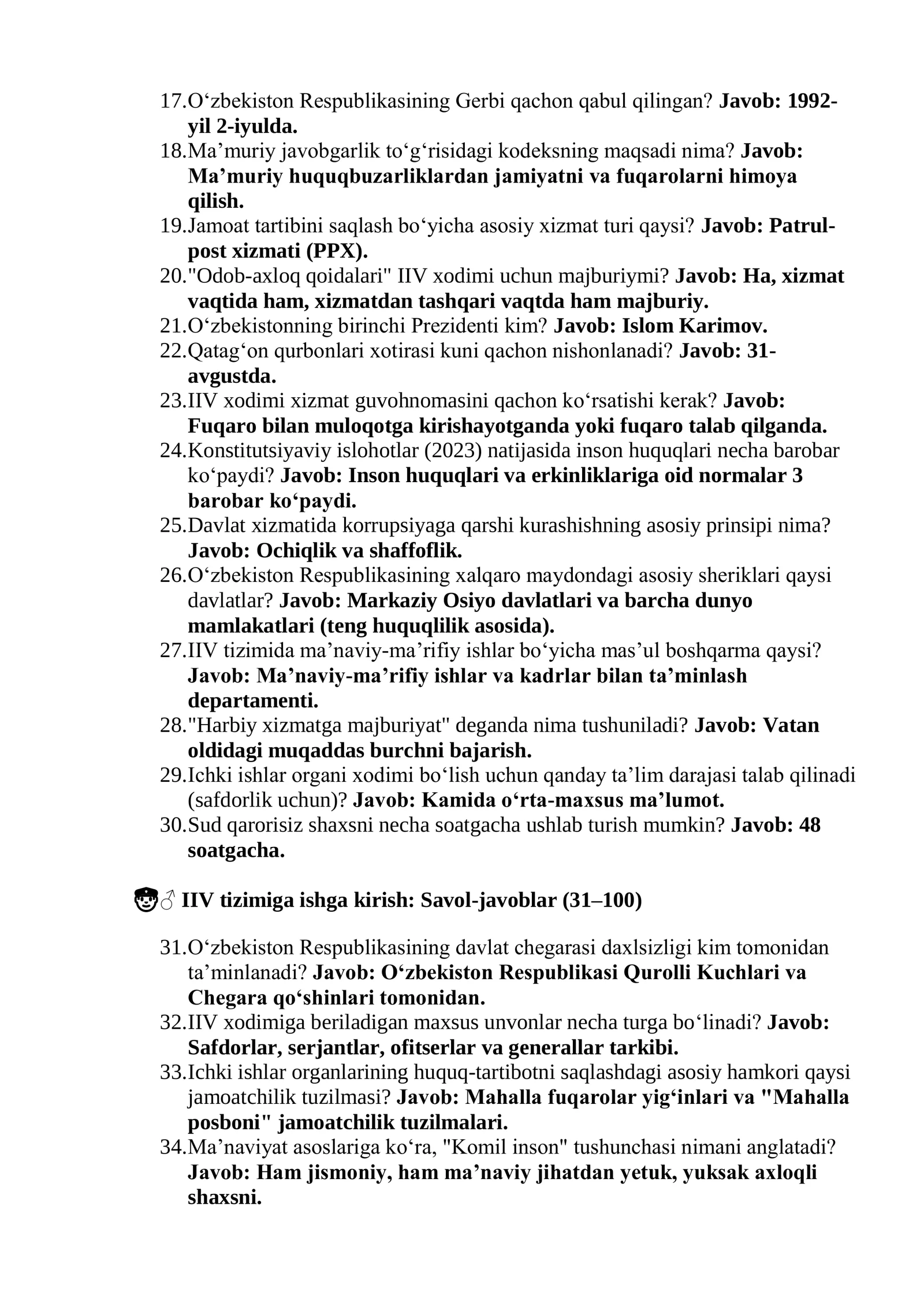 IIV Safdorlik va Serjantlik imtihonlari: 400 ta saralangan DTM test va javoblar bazasi (2026) 3