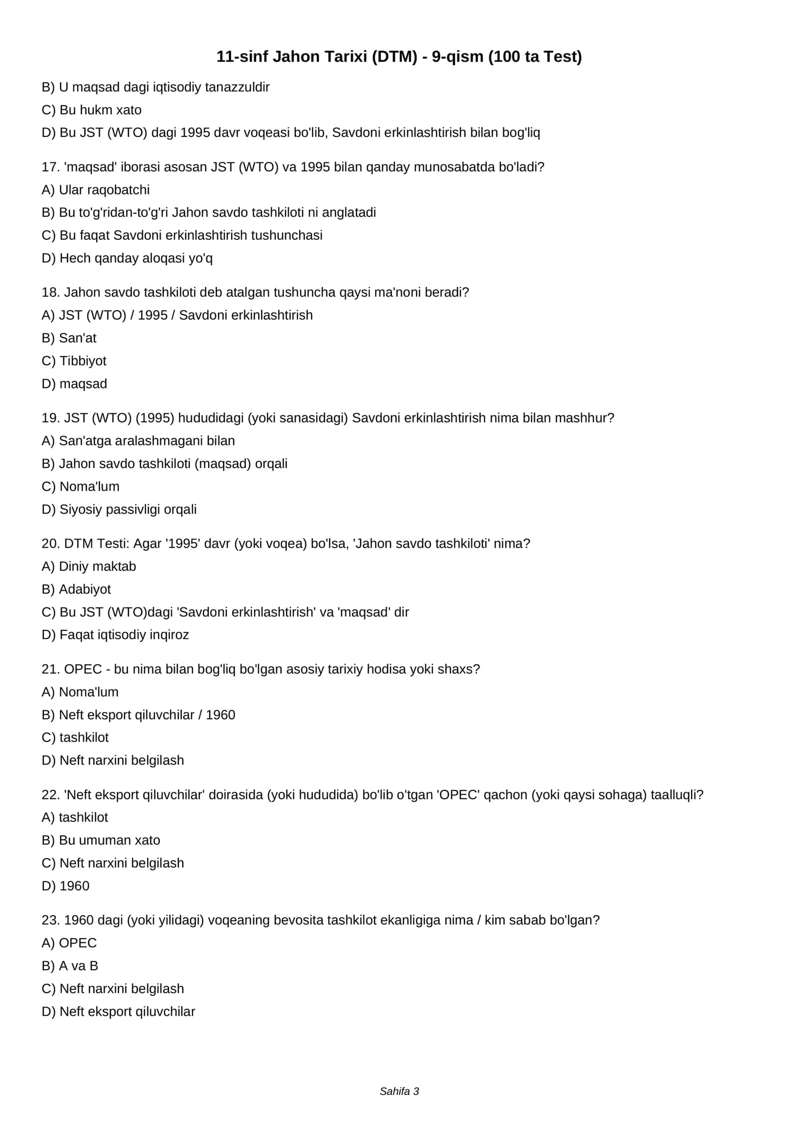 11-sinf Jahon Tarixi (DTM) - 9-qism (100 ta Test) 3
