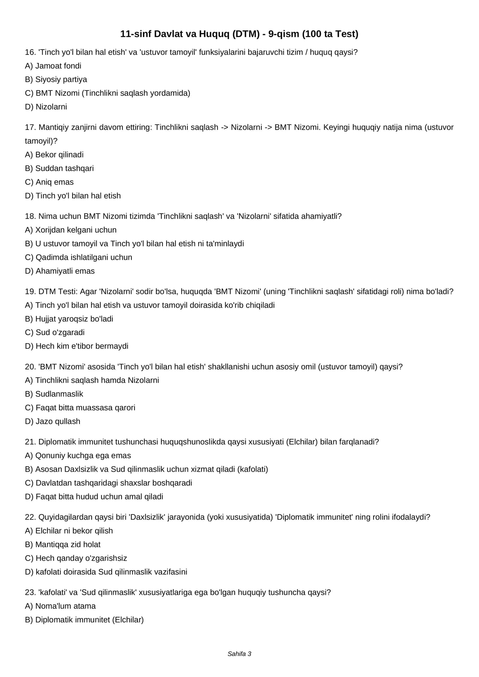 11-sinf Davlat va Huquq (DTM) - 9-qism (100 ta Test) 3