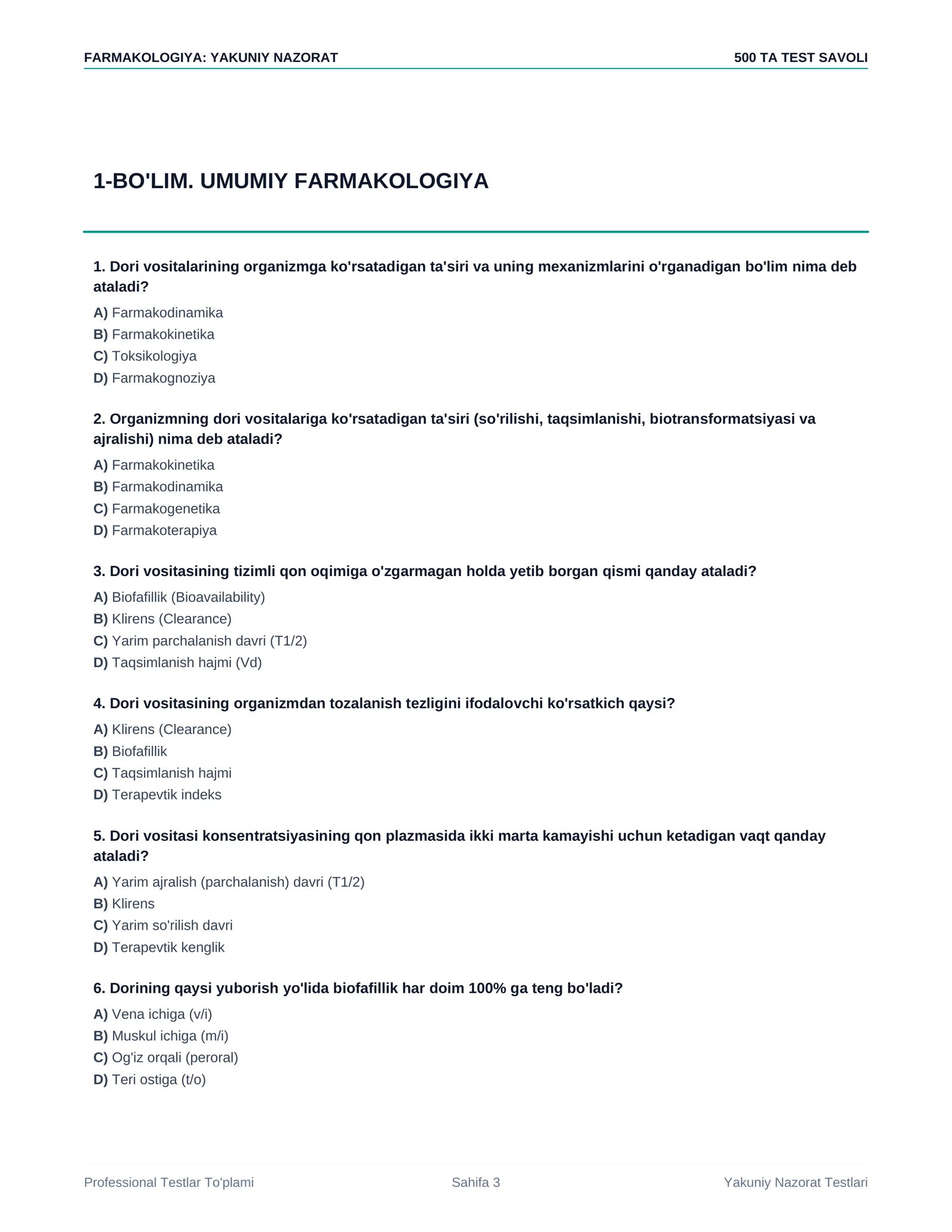 Farmakologiya — yakuniy nazorat uchun 500 ta test savoli + javoblari 3