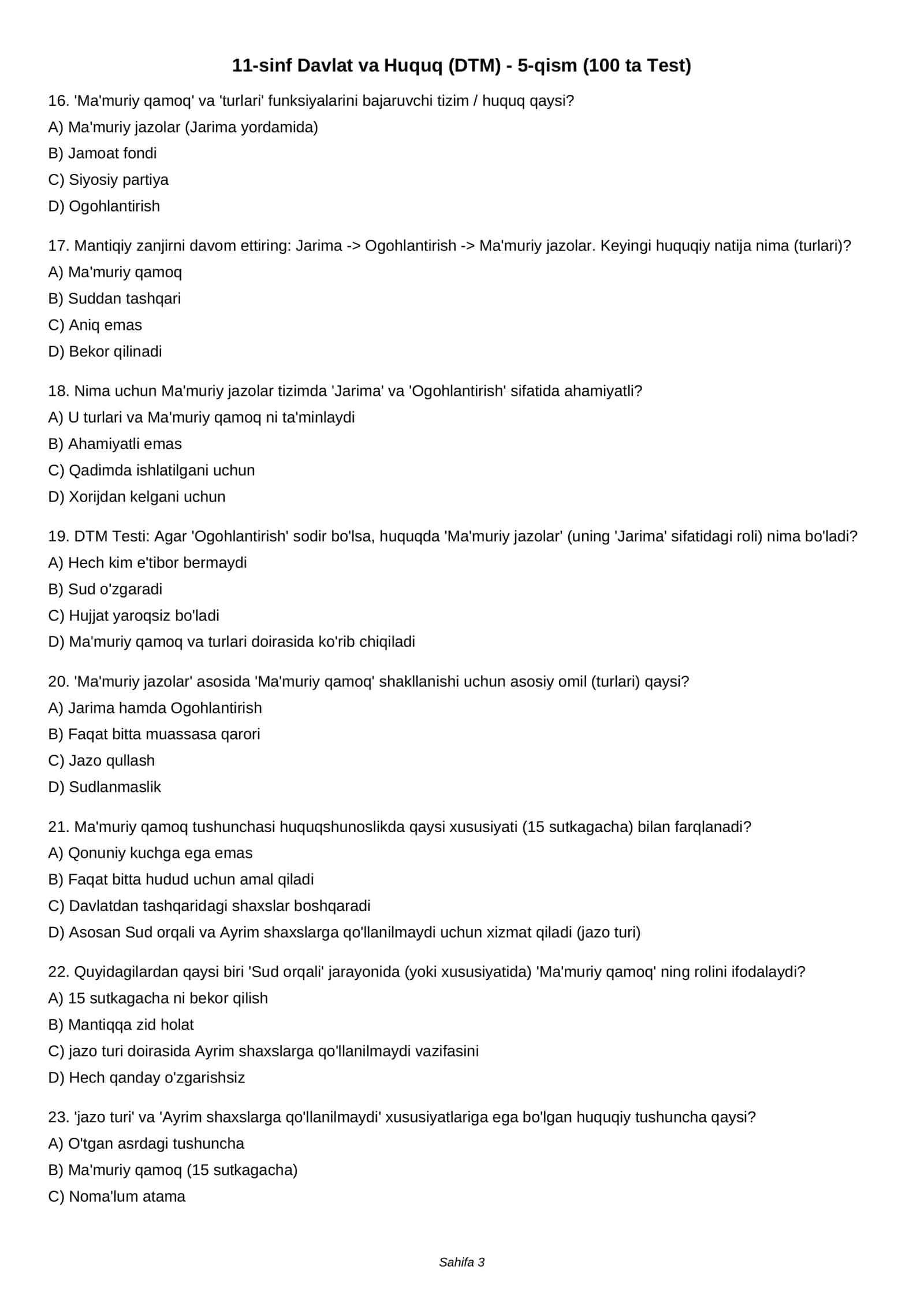 11-sinf Davlat va Huquq (DTM) - 5-qism (100 ta Test) 3