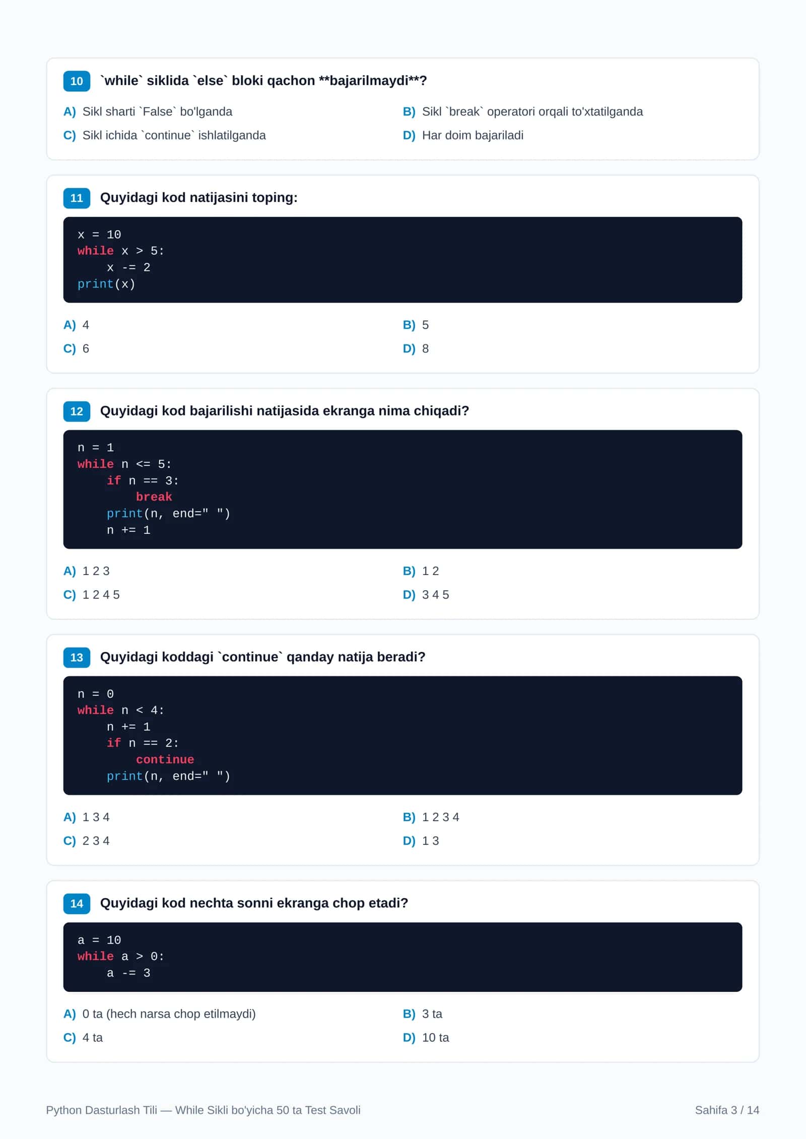Python: While Sikli Bo'yicha Mukammal Test (50 ta savol) 3