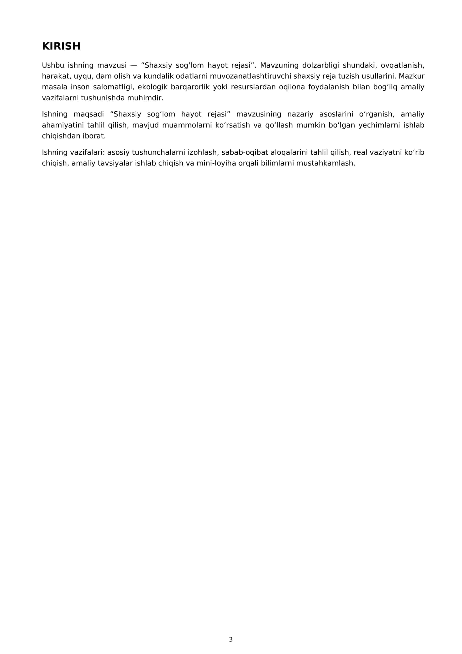 Shaxsiy sog'lohm hayot rejası 3