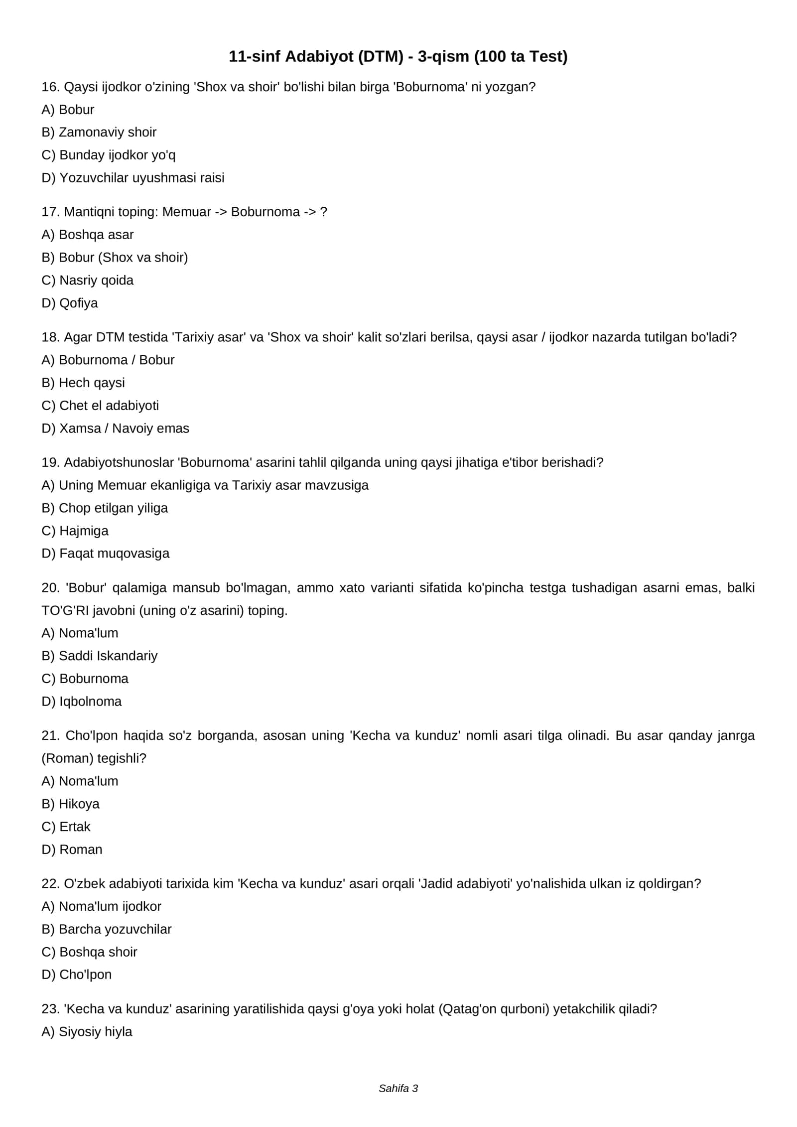 11-sinf Adabiyot (DTM) - 3-qism (100 ta Test) 3