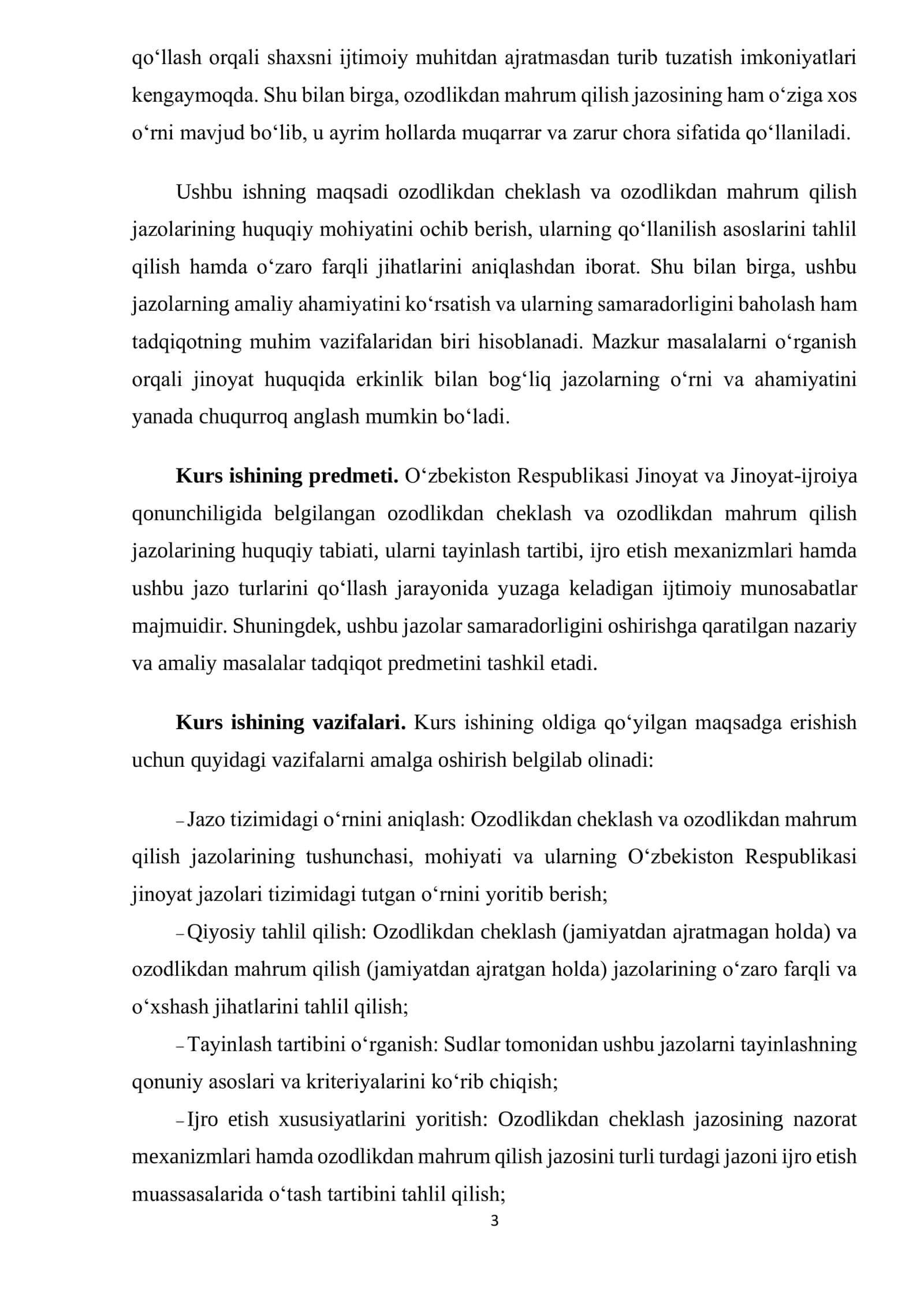 Jinoyat huquqi. Ozodlikni cheklash, ozodlikdan mahrum qilish kurs ishi. 3