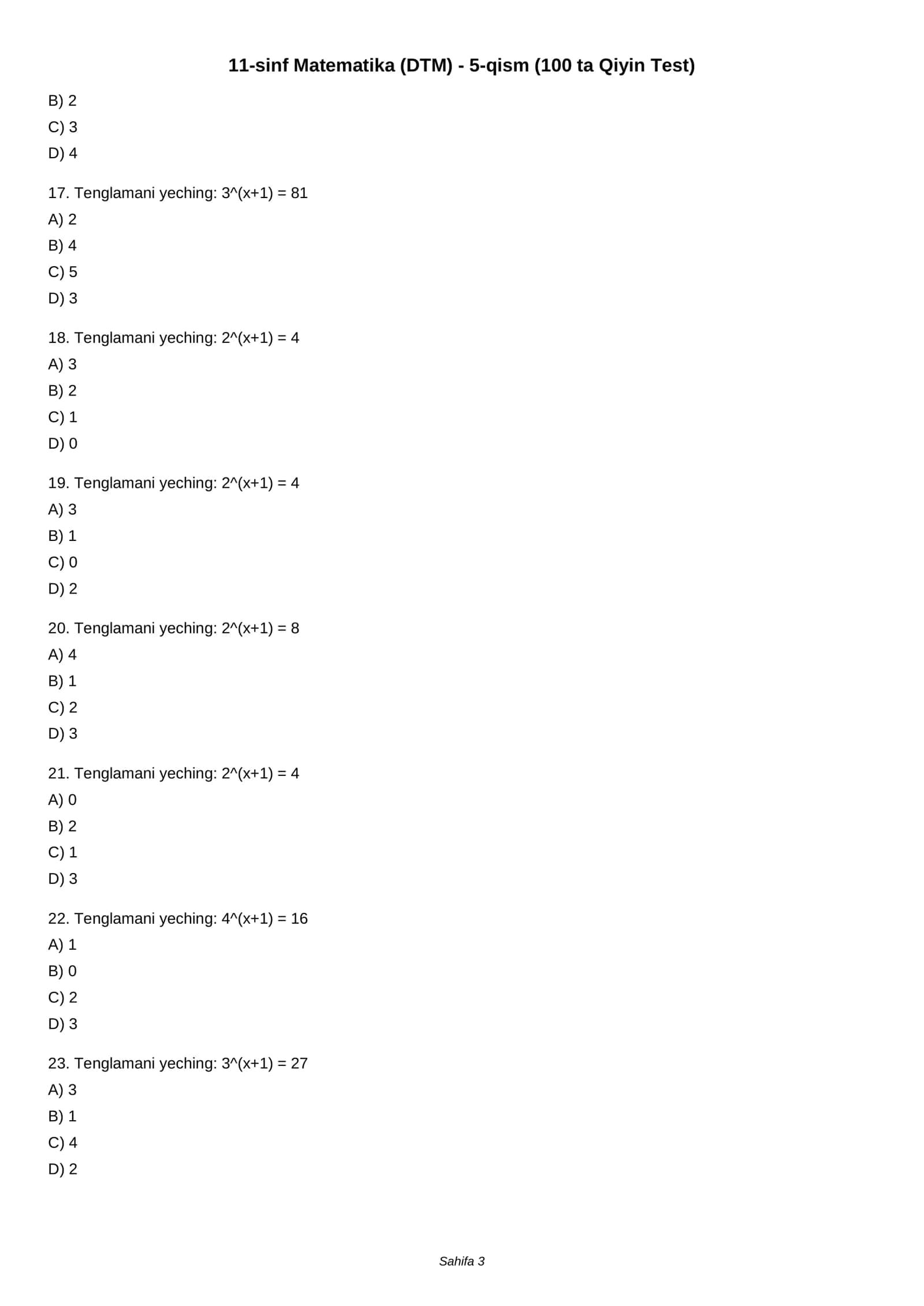 11-sinf Matematika (DTM) - 5-qism (100 ta Qiyin Test) 3