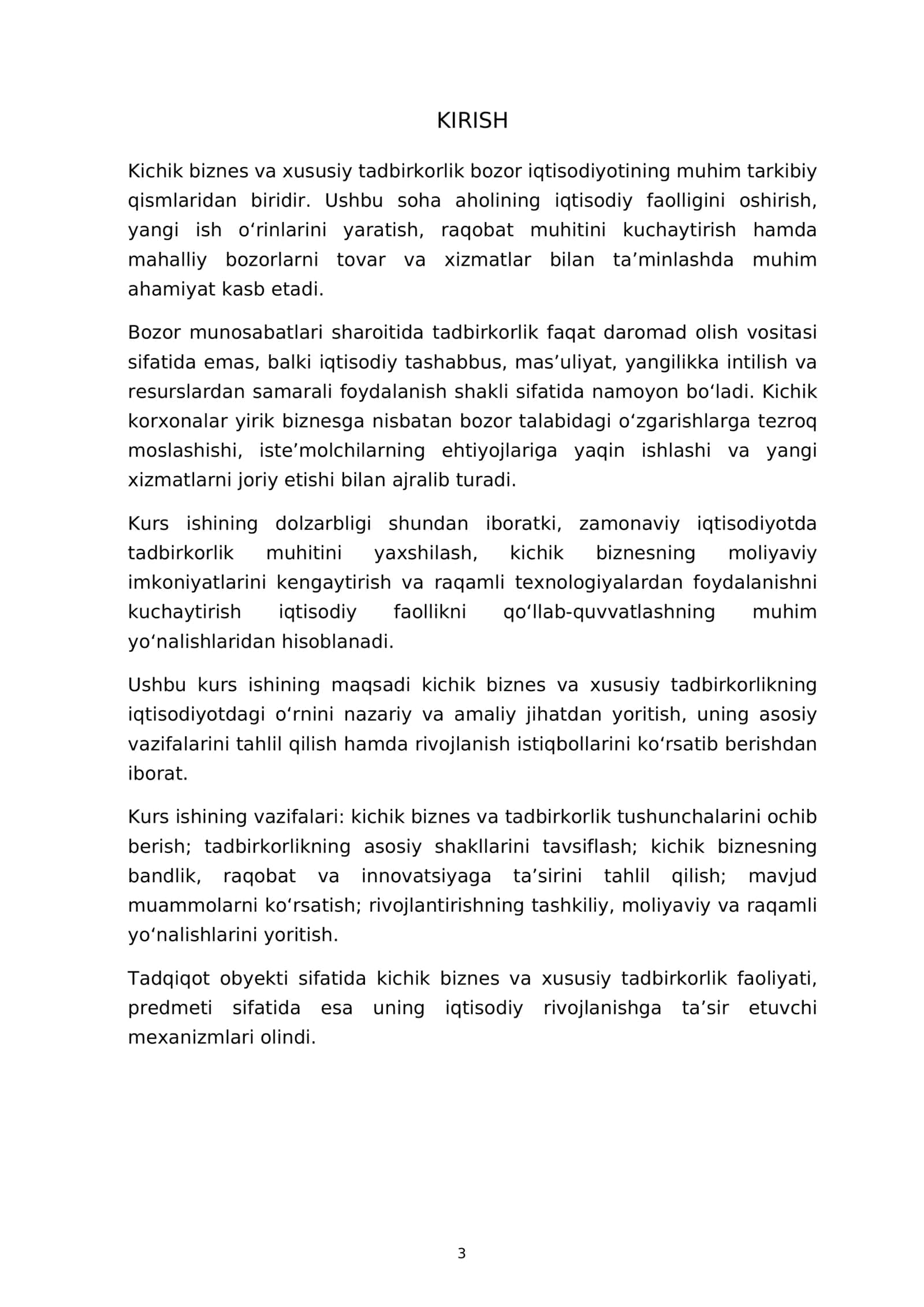Kichik biznes va xususiy tadbirkorlik — kurs ishi 3