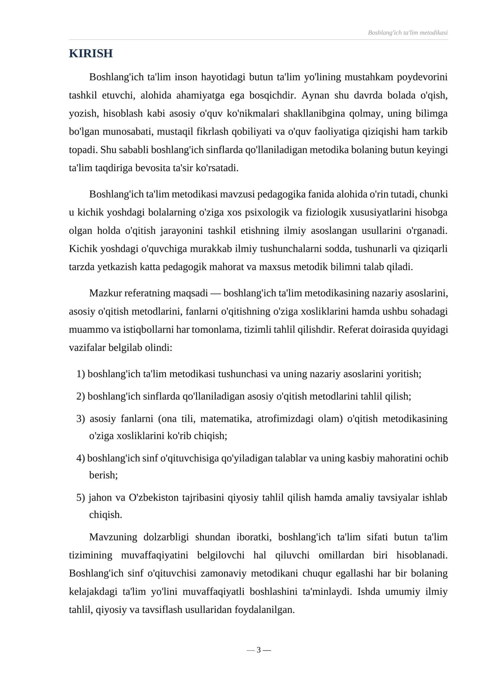 REFERAT
MAVZU:
BOSHLANG'ICH TA'LIM METODIKASI 3