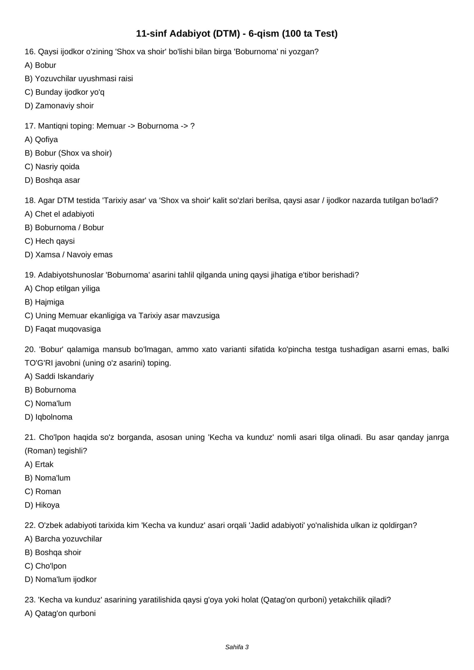 11-sinf Adabiyot (DTM) - 6-qism (100 ta Test) 3