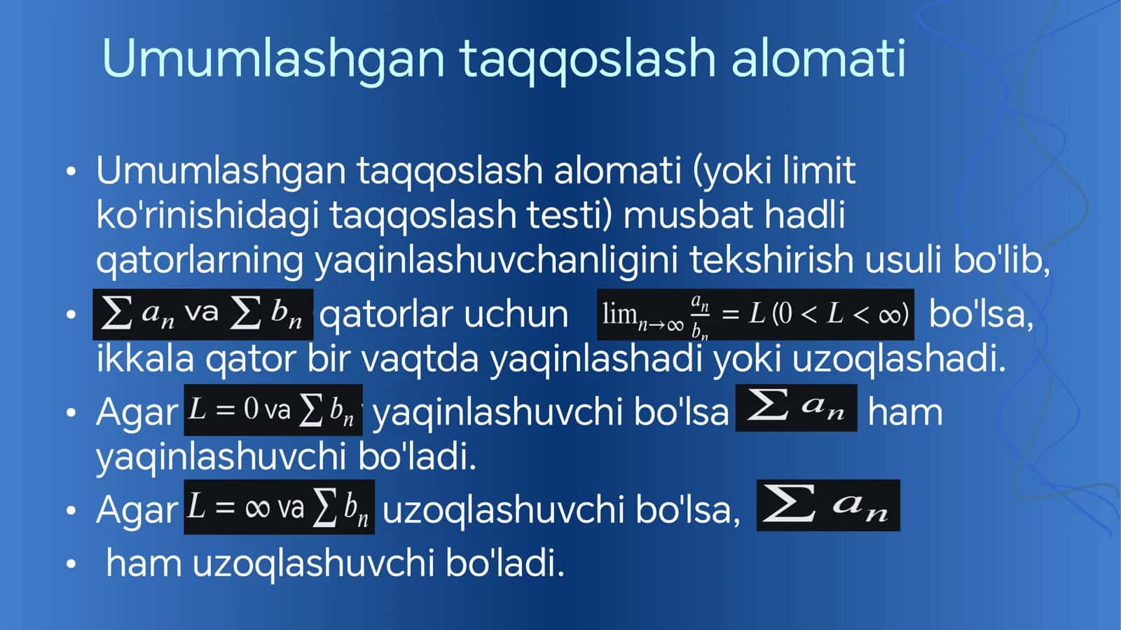 Taqqoslash alomati: umumlashgan taqqoslash alomati, Dalamber alomati, Koshi alomati,  integral alomat. 3