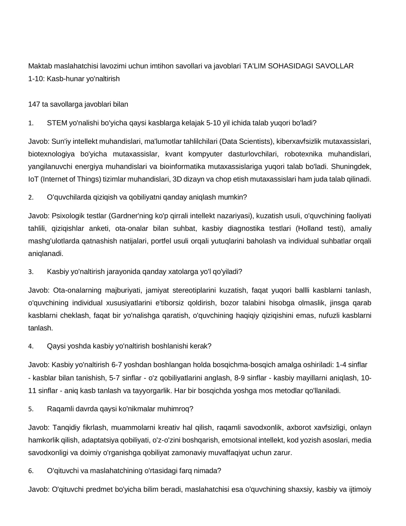 Maktab Maslahatchisi Tayyorlov Testlar va Suhbat Savollari 147 ta suhbat 3