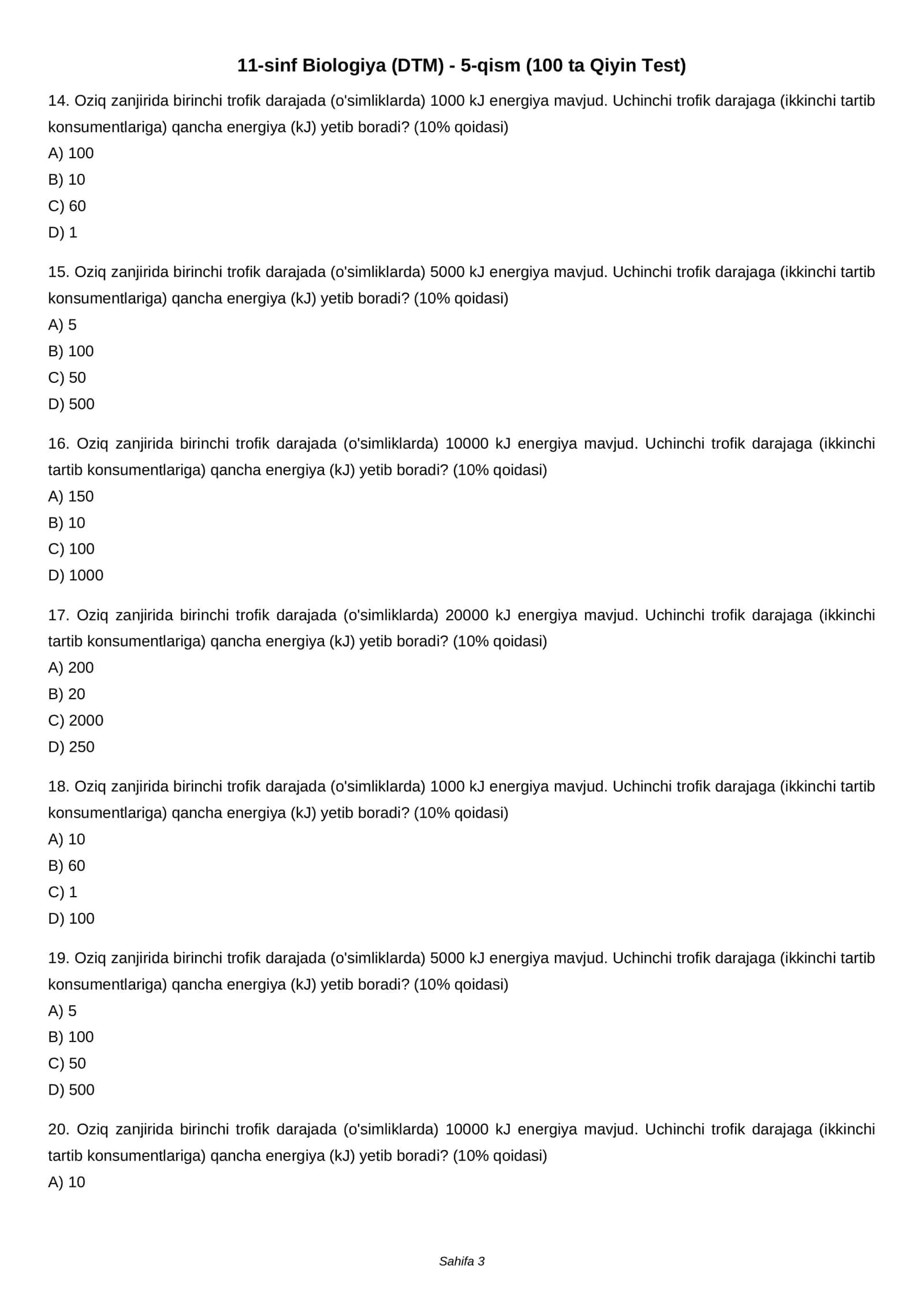 11-sinf Biologiya (DTM) - 5-qism (100 ta Qiyin Test) 3