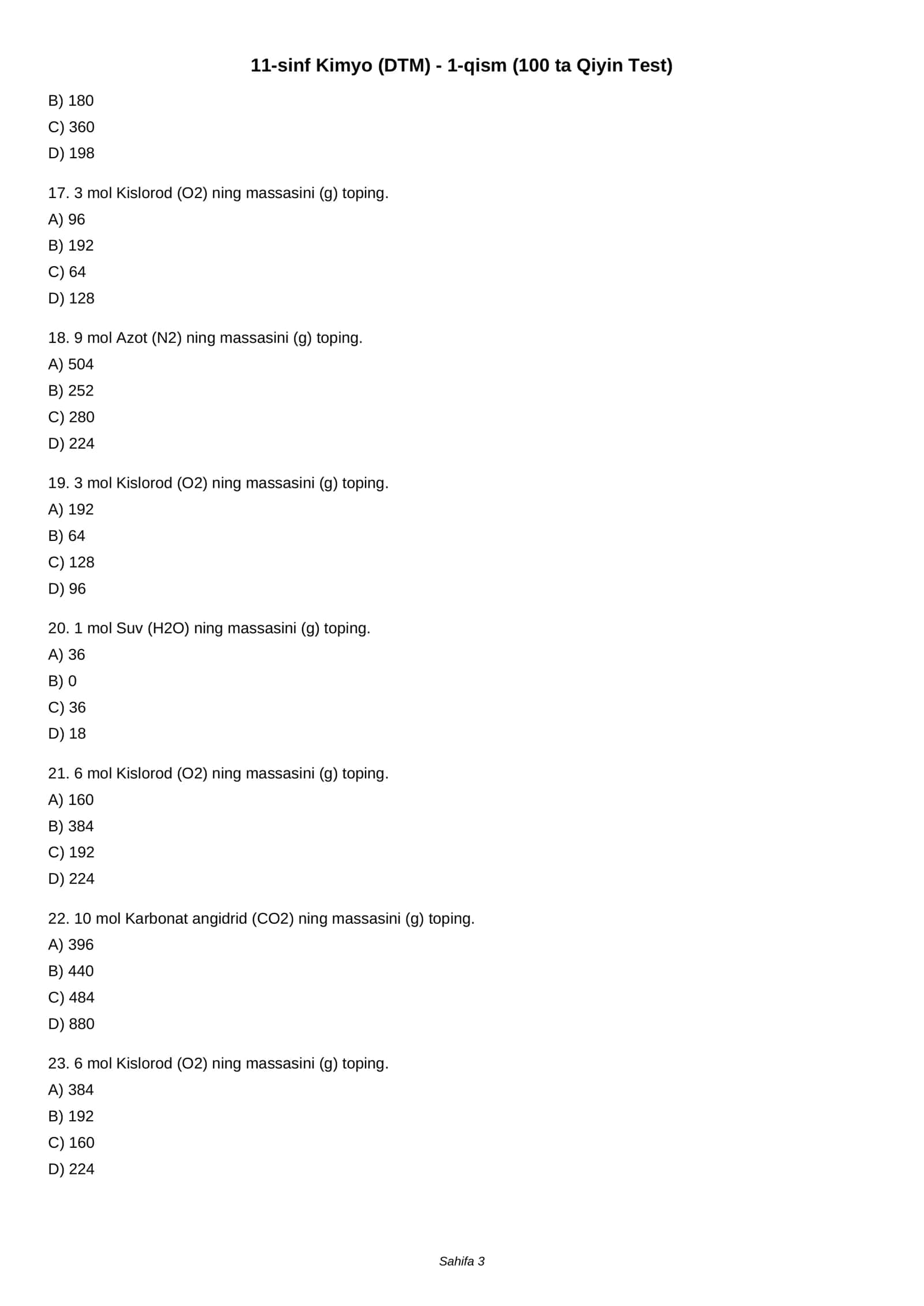 11-sinf Kimyo (DTM) - 1-qism (100 ta Qiyin Test) 3