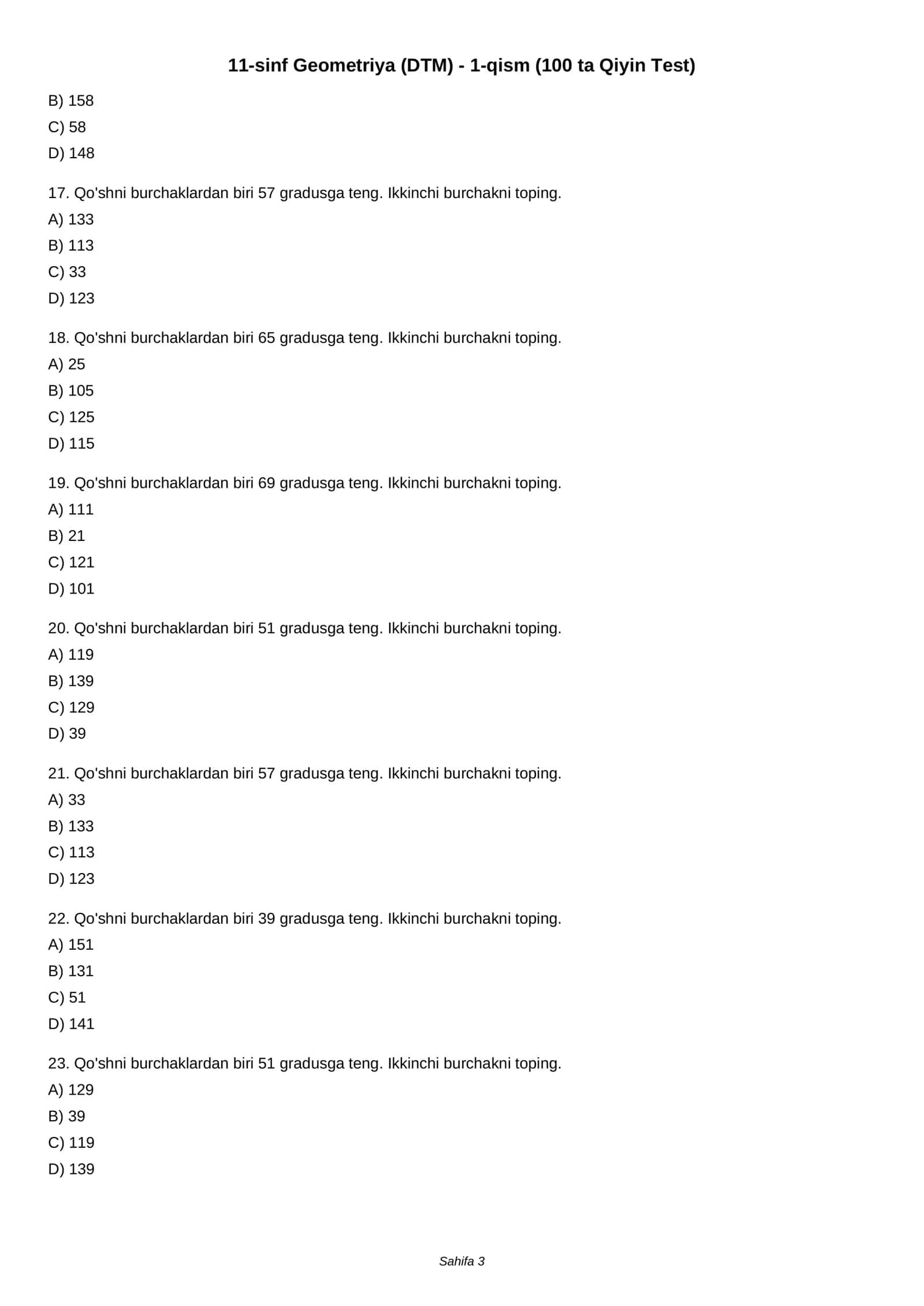 11-sinf Geometriya (DTM) - 1-qism (100 ta Qiyin Test) 3