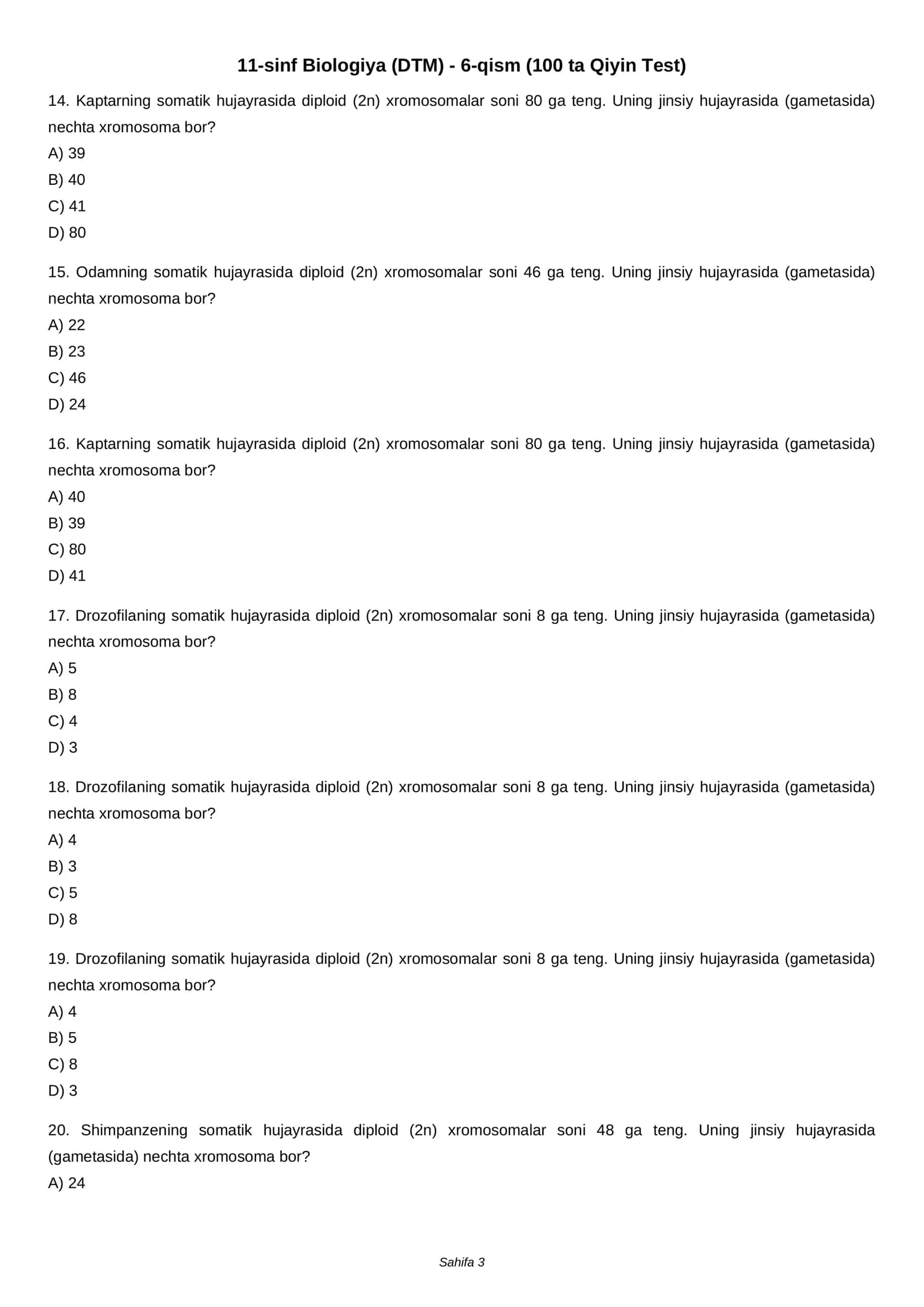 11-sinf Biologiya (DTM) - 6-qism (100 ta Qiyin Test) 3