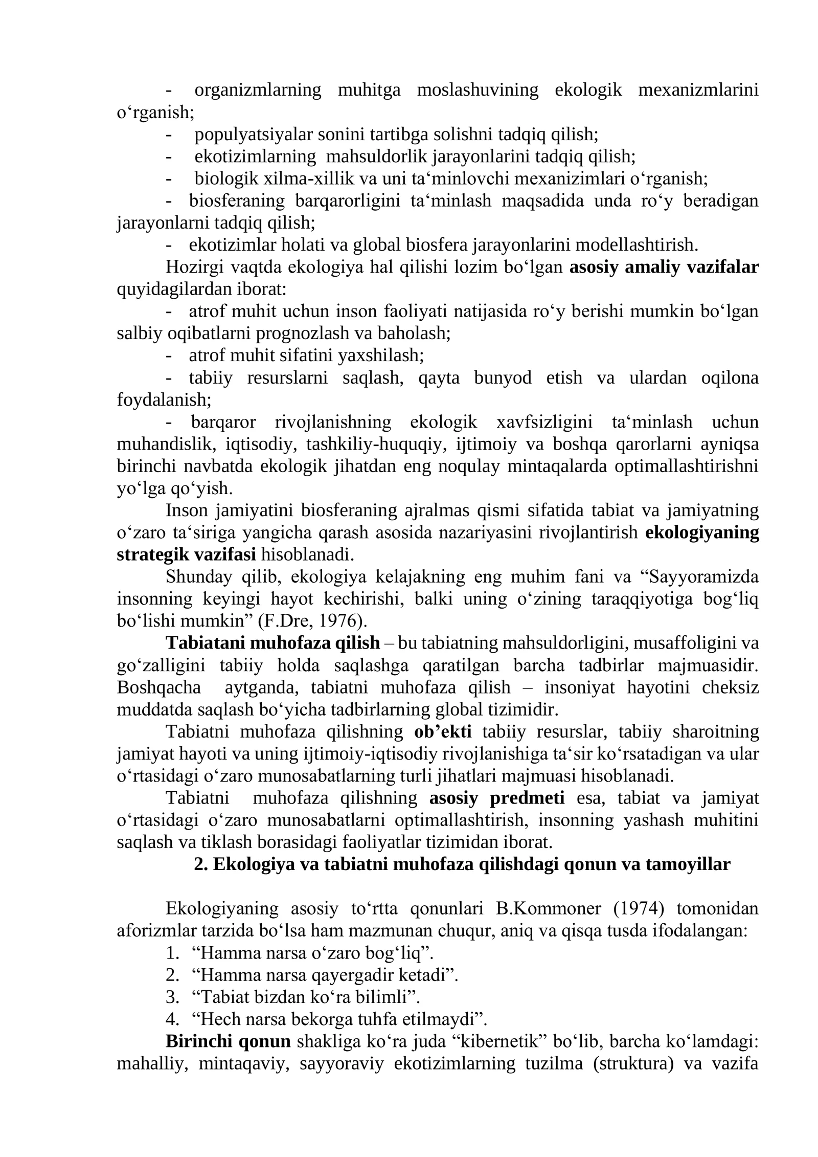 1-mavzu: Kirish. “Ekologiya va tabiatni muhofaza qilish” fanining tadqiqot ob’ekti, predmeti va vazifalari 3