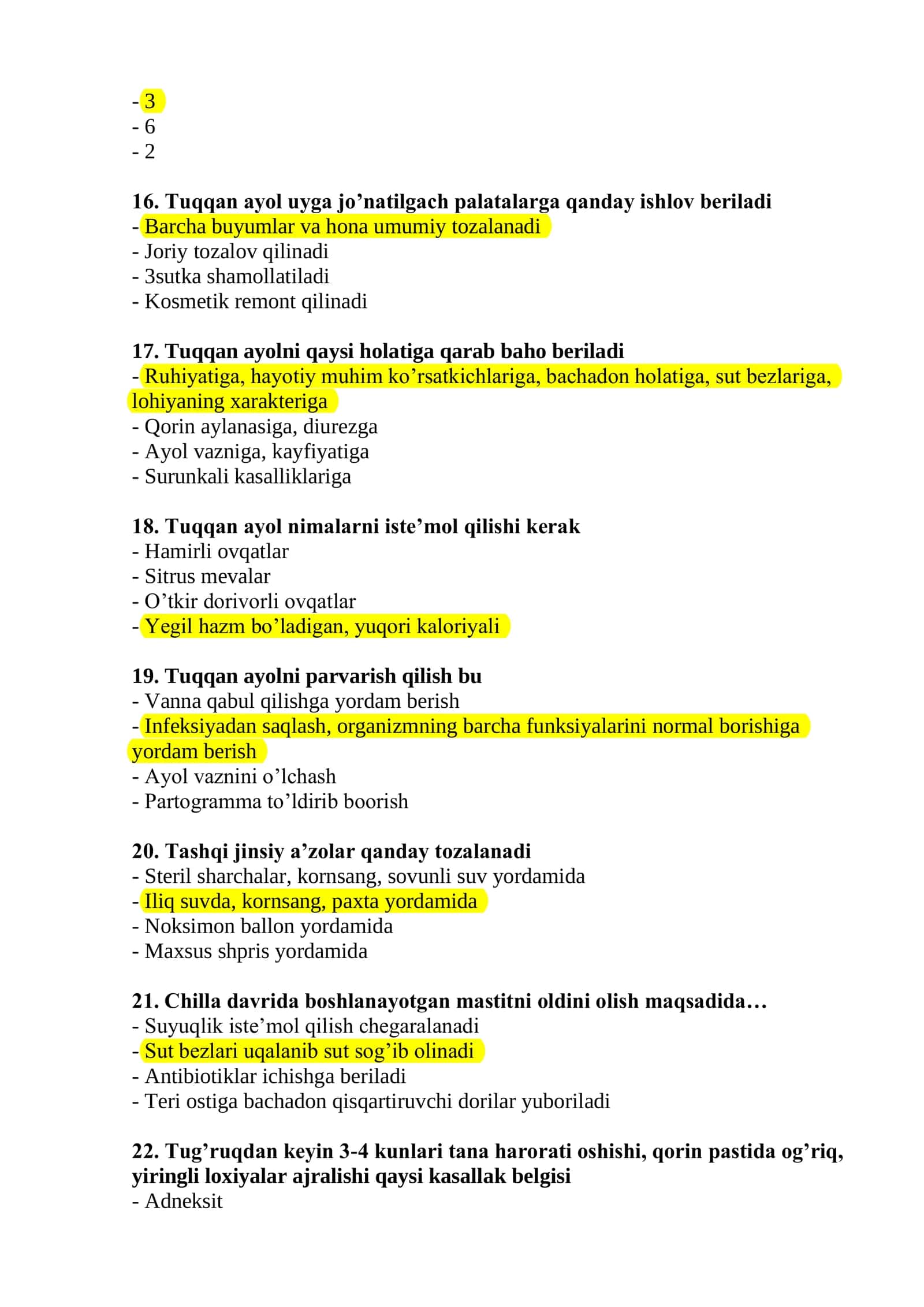 Akusherlik ishi mutaxassisligi bo’yicha shakllantirilgan test savollari 3