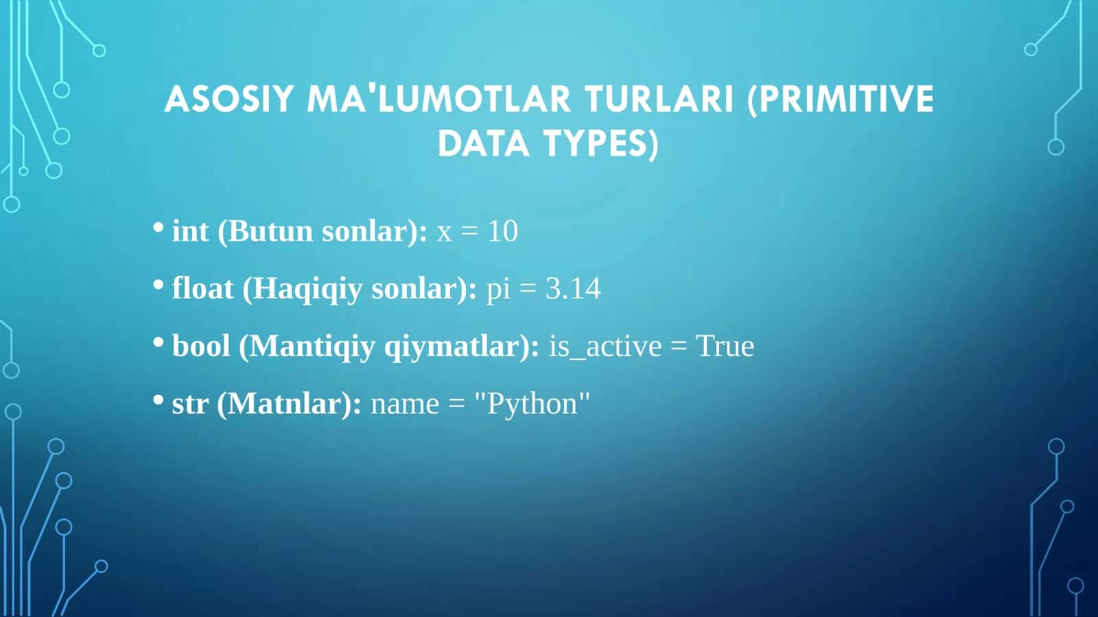 PYTHONDA MAʻLUMOTLAR  STRUKTURASI. PYTHONDA  TARMOQLANUVCHI,  TAKRORLANUVCHI VA  TANLASH JARAYONLARI 3