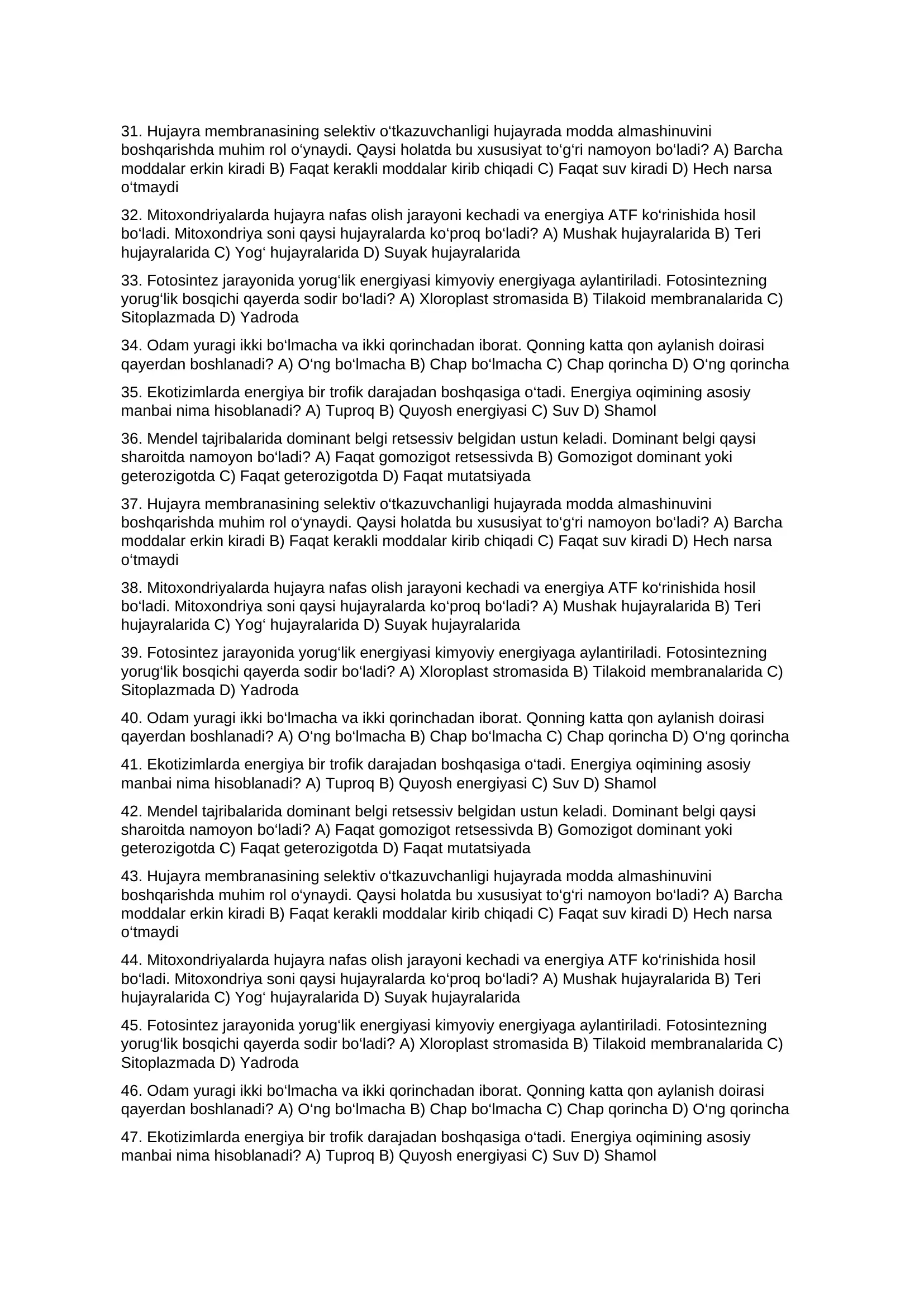 BIOLOGIYA FANIDAN MILLIY SERTIFIKAT SINOV TESTI 9-SINF DARAJASI 3