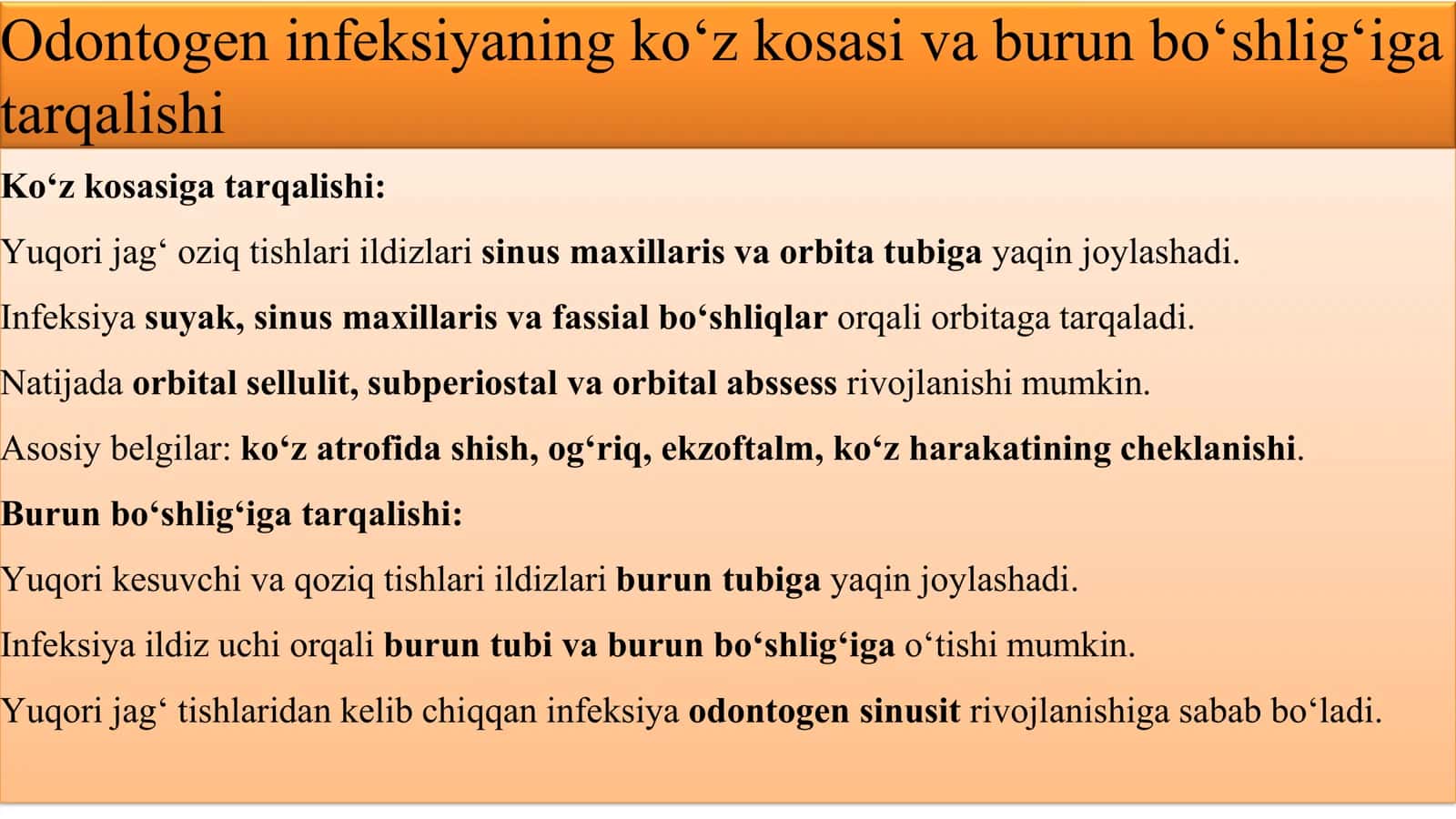 Yuqori jag‘ va yuz sohasi fassial bo‘shliqlarining anatomiyasi. Odontogen infeksiyaning ko‘z kosasi, burun va kalla ichi tuzilmalariga tarqalish yo‘llari 3