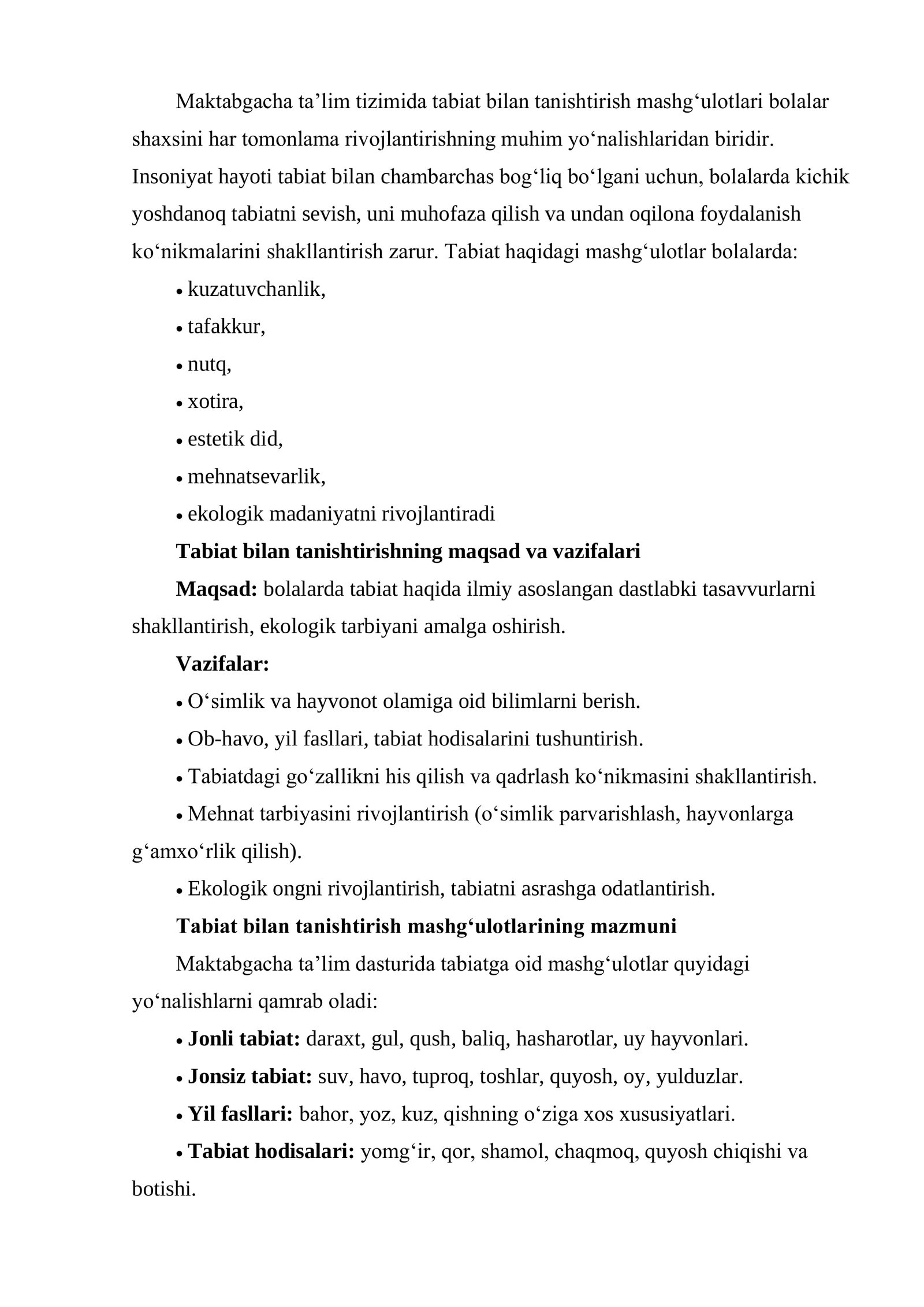 Maktabgacha yoshdagi bolalarni tabiat bilan tanishtirish mashg‘ulotlarida talim-tarbiyaviy ishlarni tashkil etish 3
