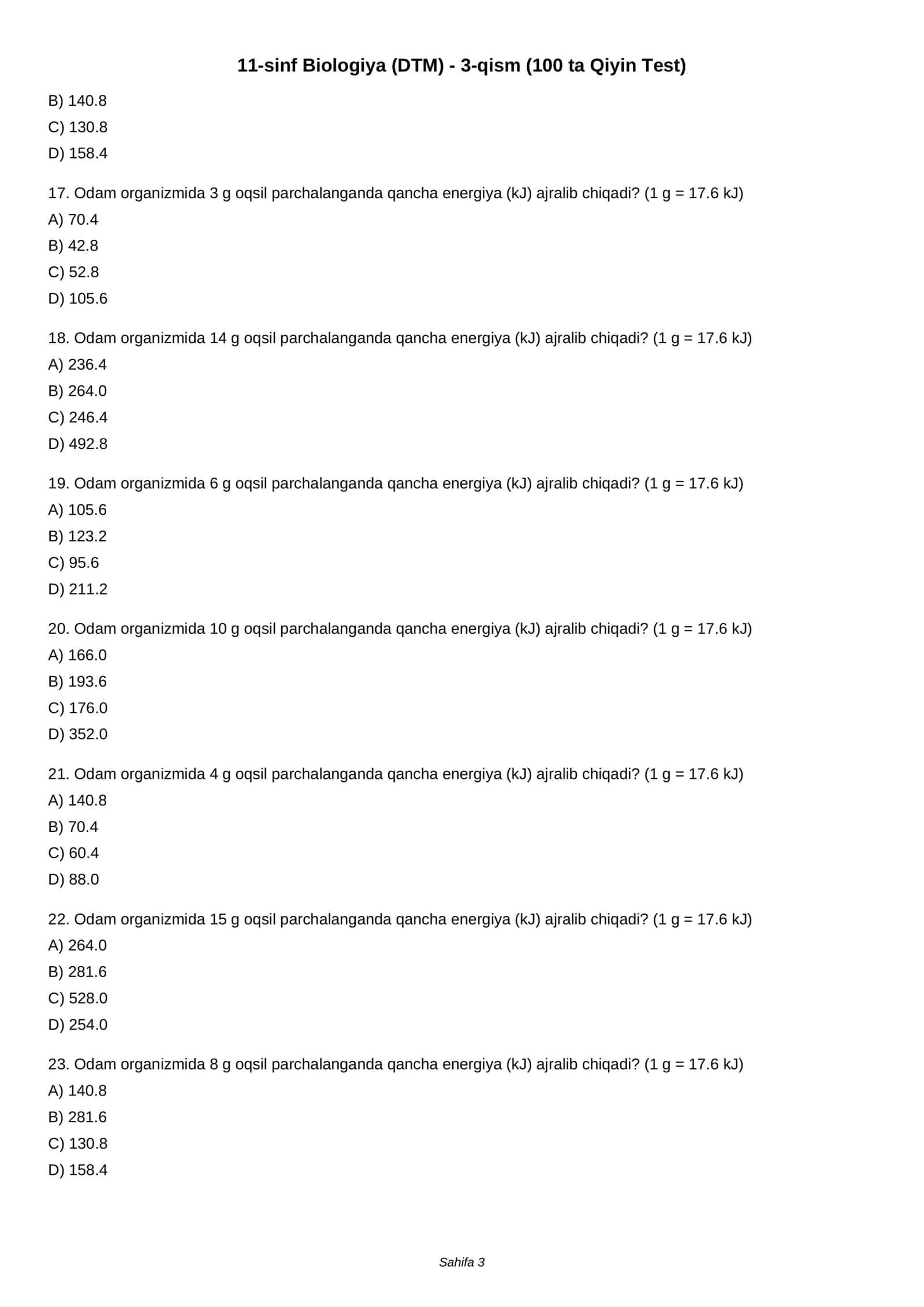 11-sinf Biologiya (DTM) - 3-qism (100 ta Qiyin Test) 3