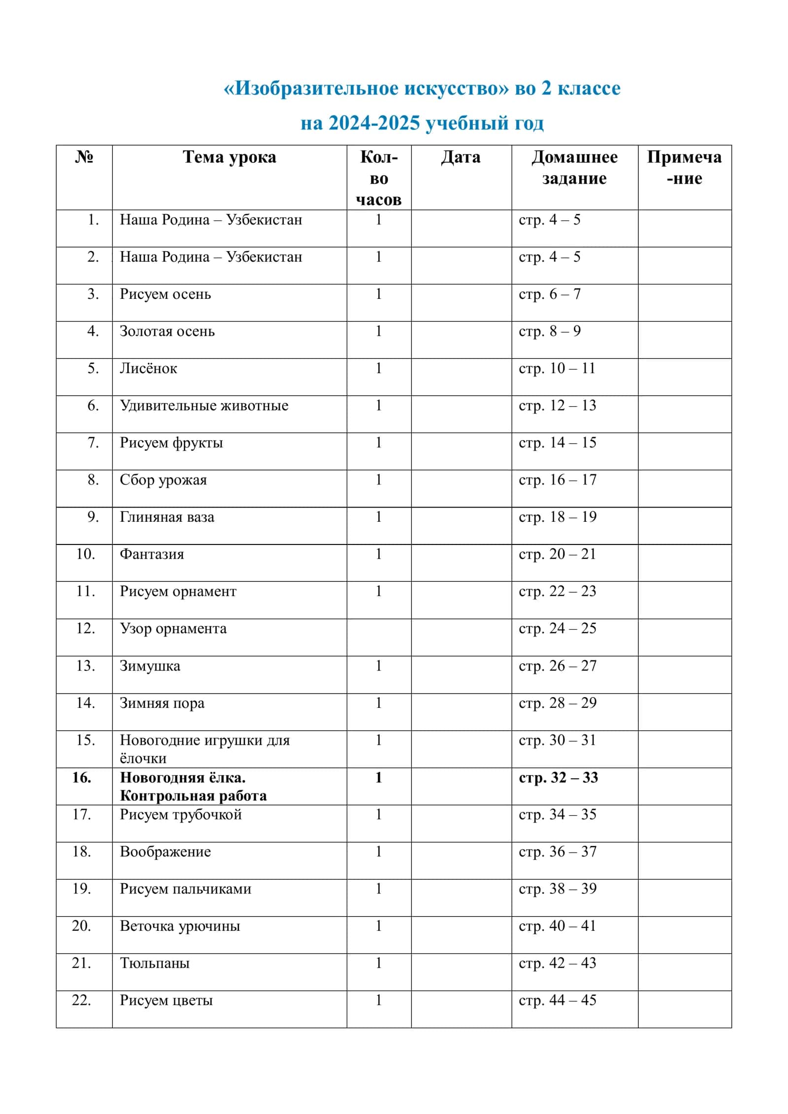 Календарно-тематическое планирование по предмету «Изобразительное искусство» в 1 классе на 2024-2025 учебный год 3