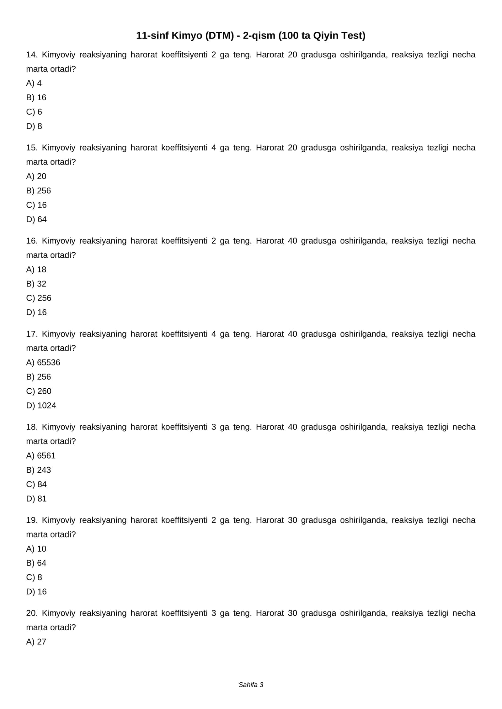11-sinf Kimyo (DTM) - 2-qism (100 ta Qiyin Test) 3