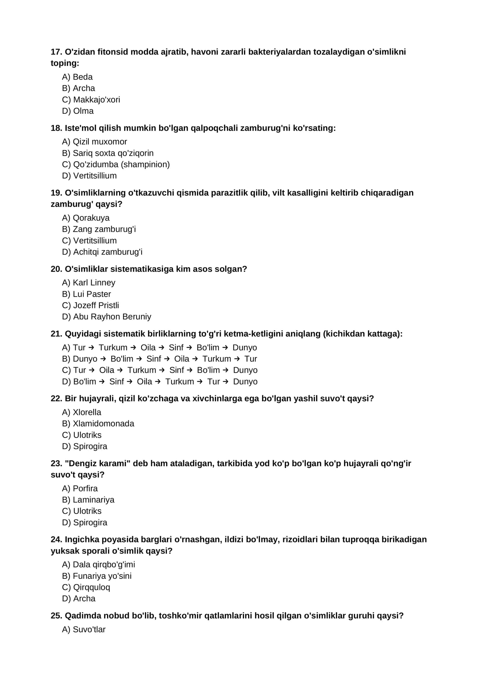 Biologiya 5-sinf bo'yicha yakuniy test 3