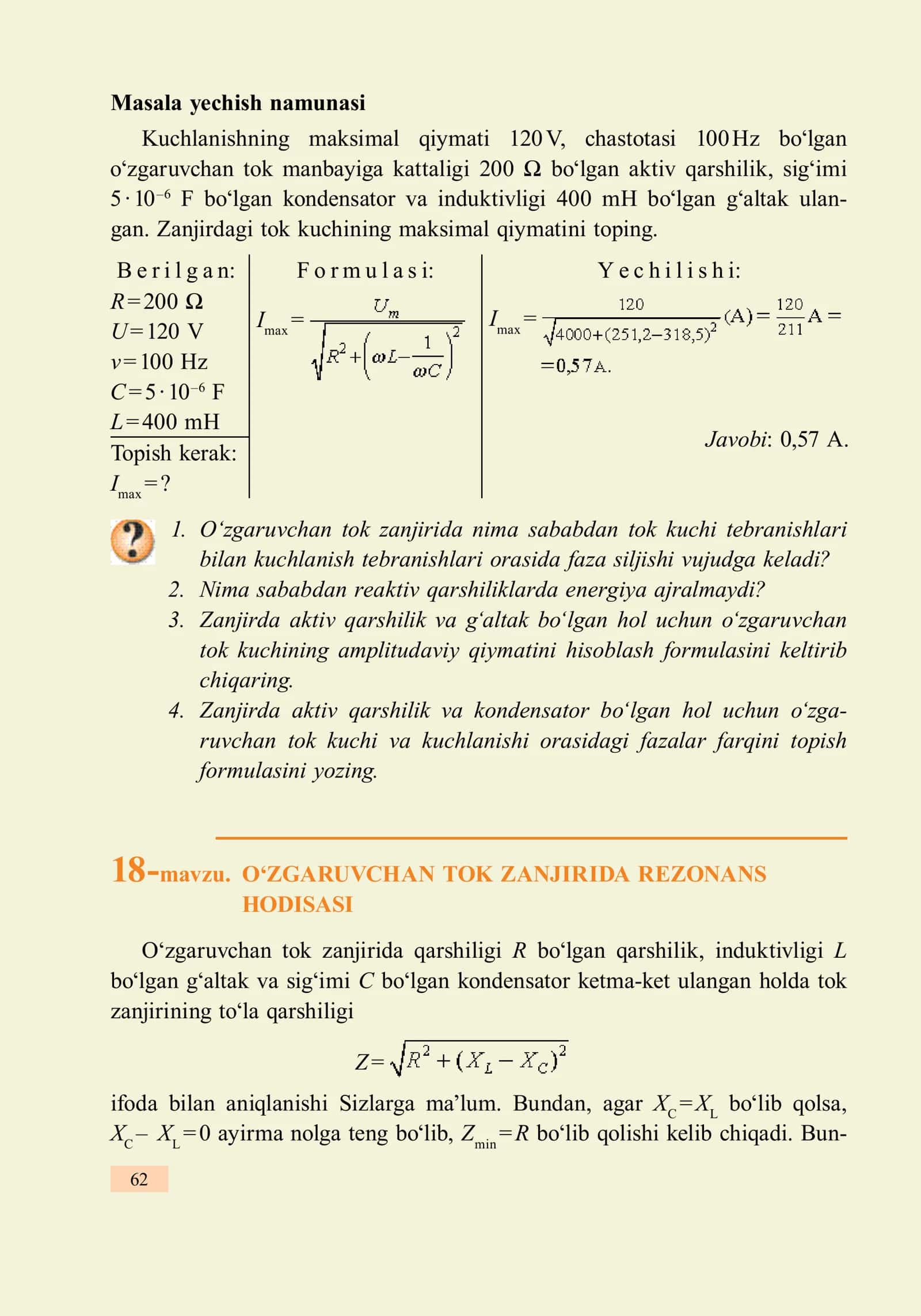 Tok kuchlilikning qiymati UR, UC va UL bilan belgilab, vektor diagramma tuzaylik 3