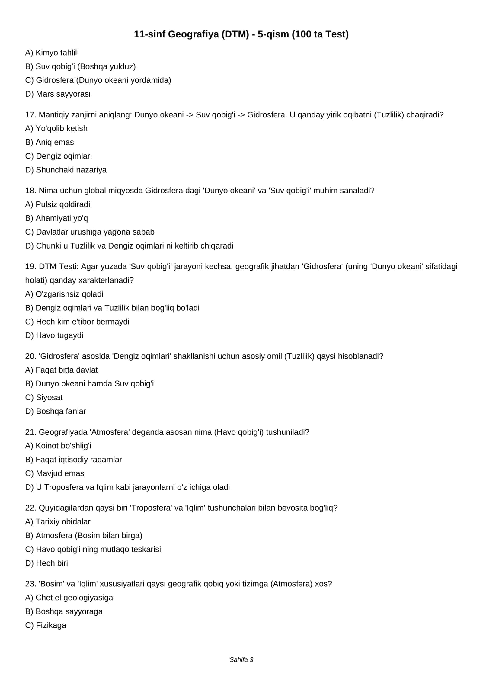 11-sinf Geografiya (DTM) - 5-qism (100 ta Test) 3