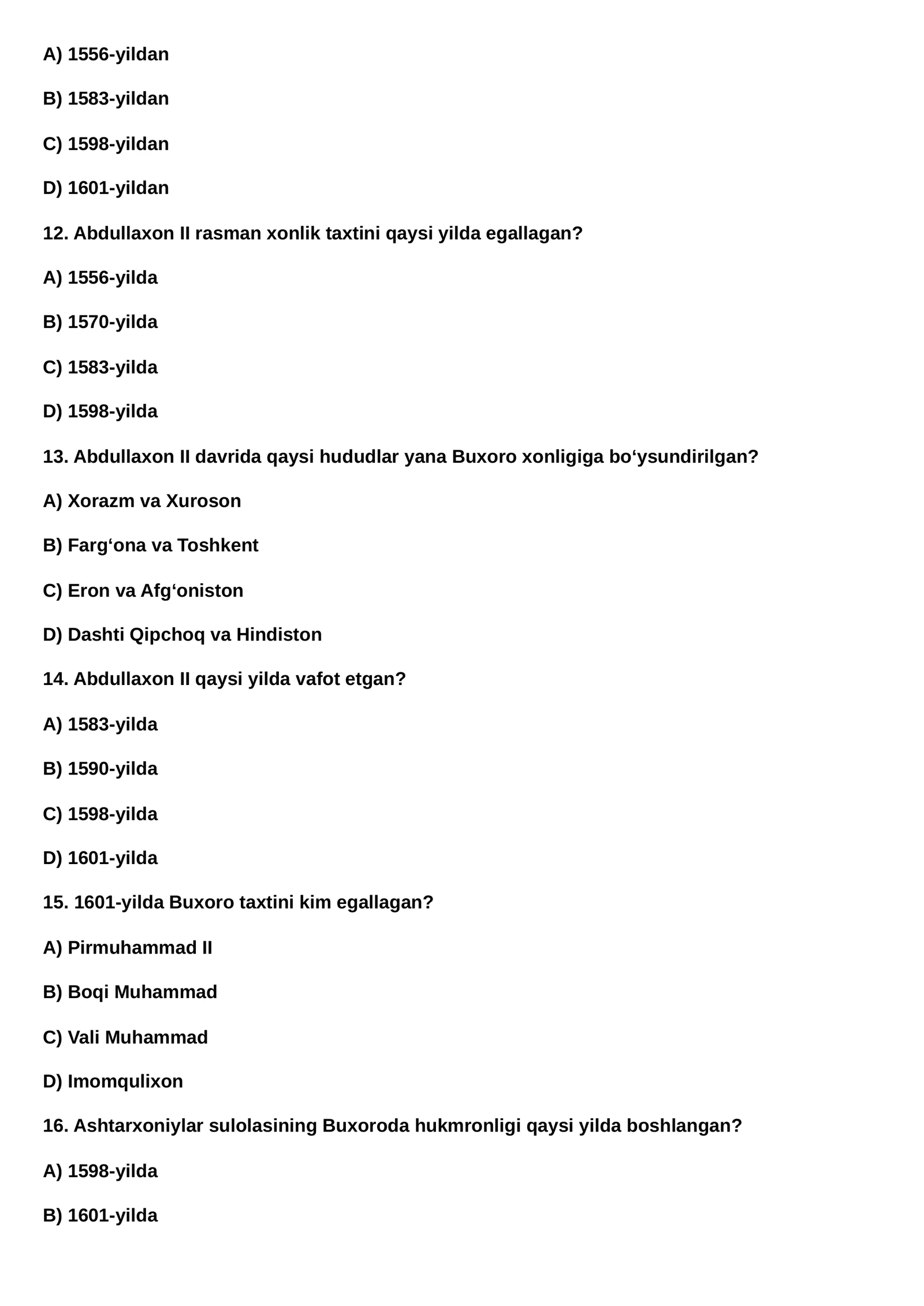8 sinf O'zbekiston tarixi fanidan 100 ta test javoblari bilan 3