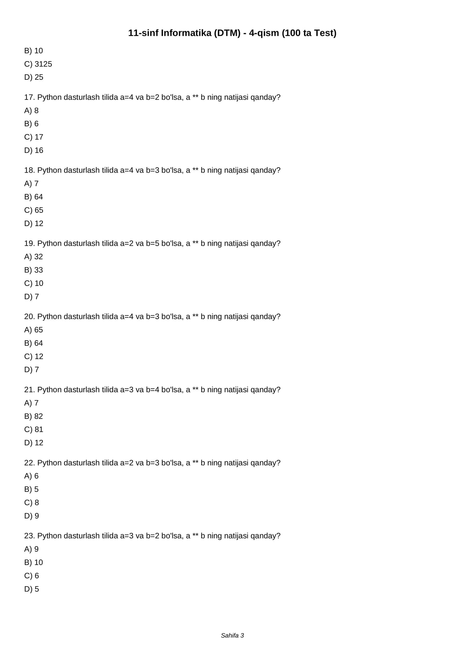 11-sinf Informatika (DTM) - 4-qism (100 ta Test) 3