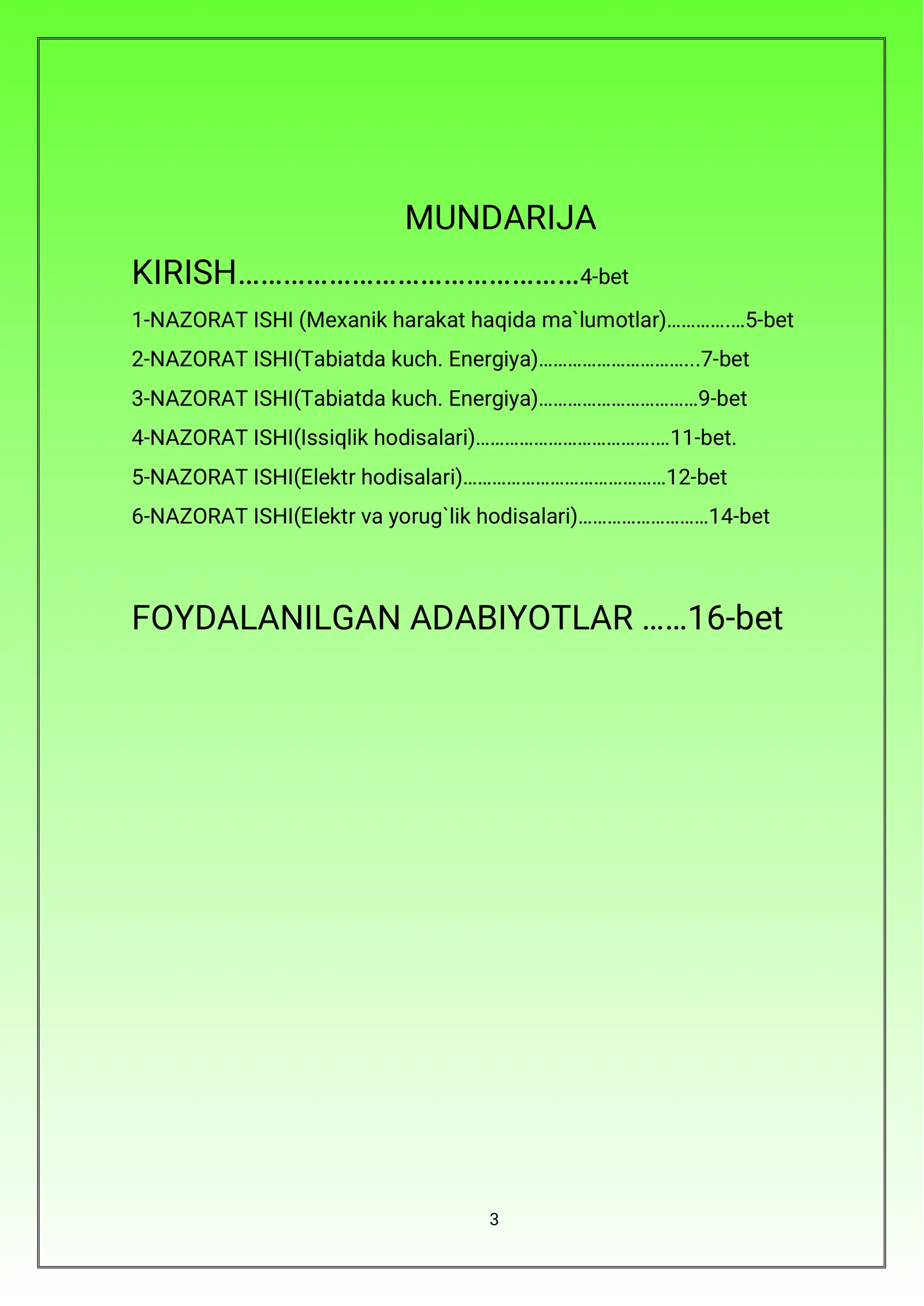 7-sinf Fizika fanidan nazorat ishi daftari 3