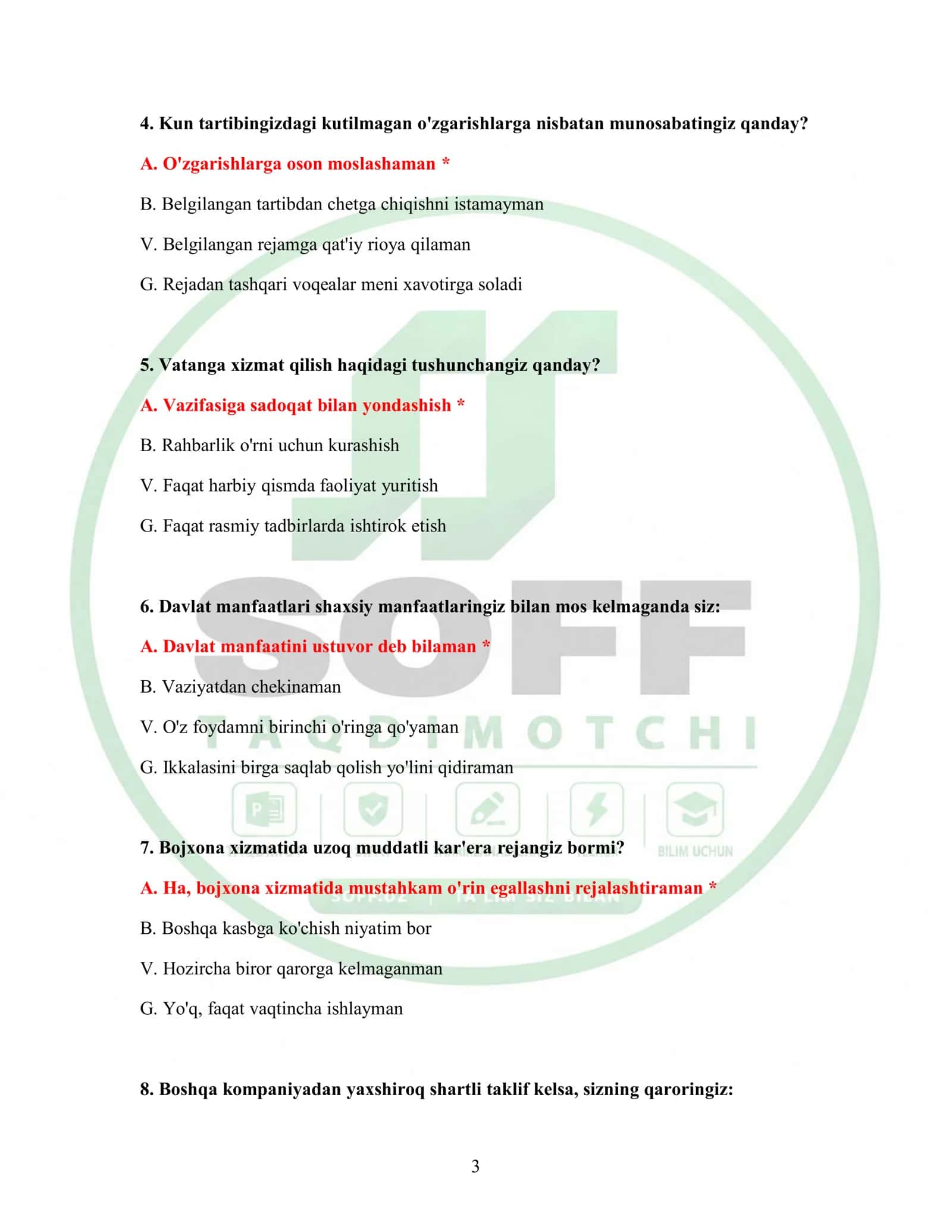 Bojxona xizmati test savollari 3