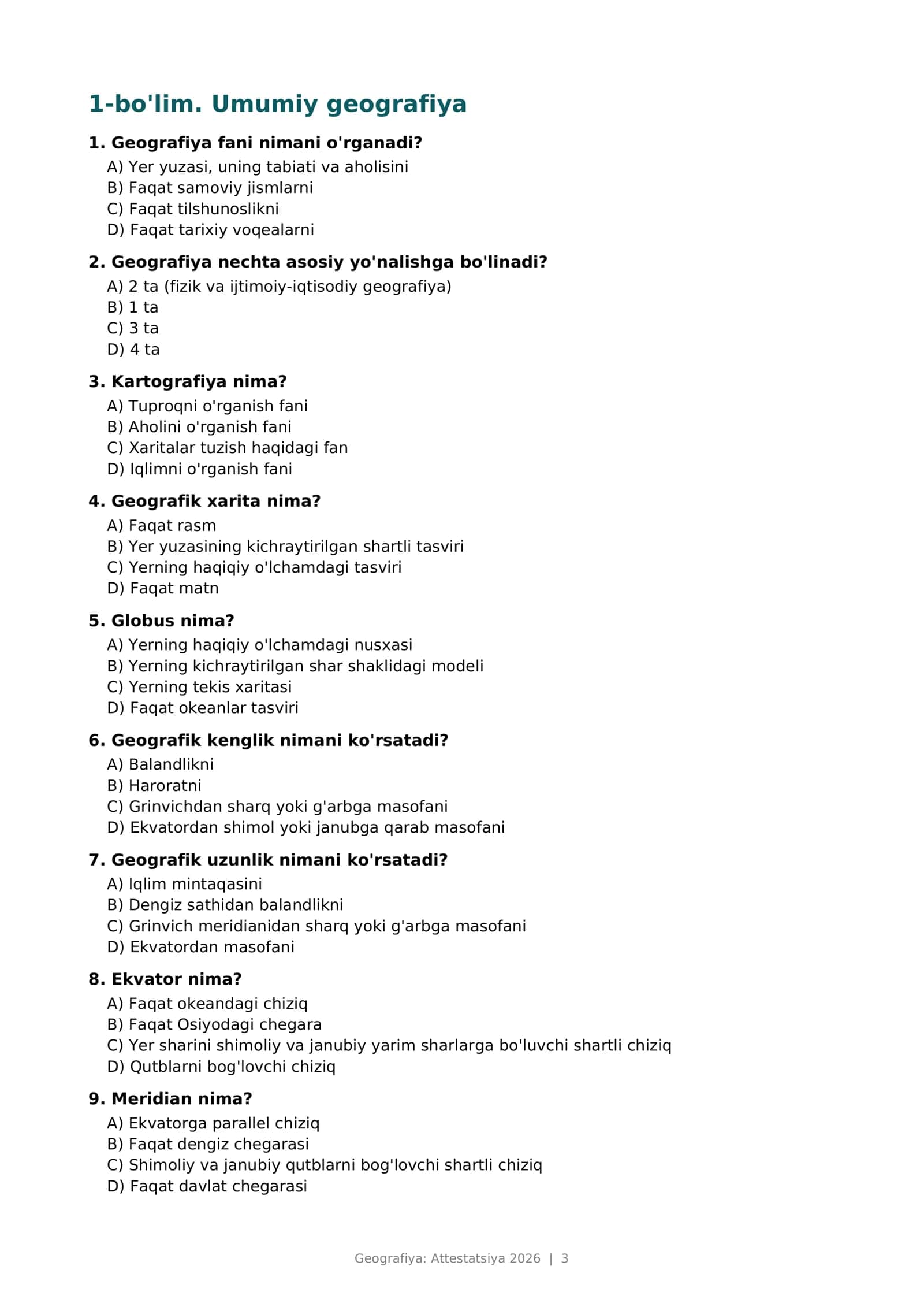 GEOGRAFIYA - Attestatsiya 400 ta test savollari va javoblari 3