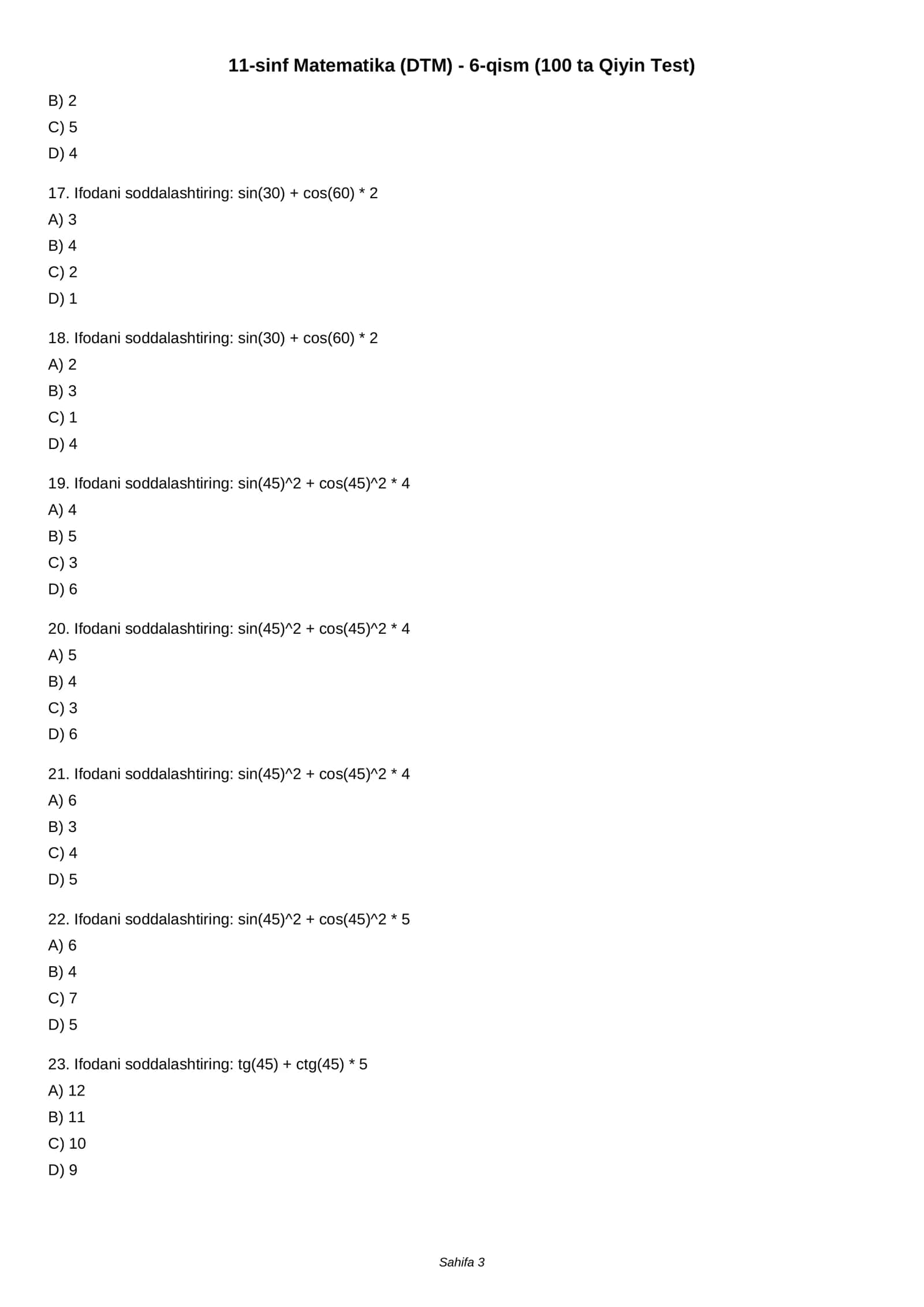 11-sinf Matematika (DTM) - 6-qism (100 ta Qiyin Test) 3